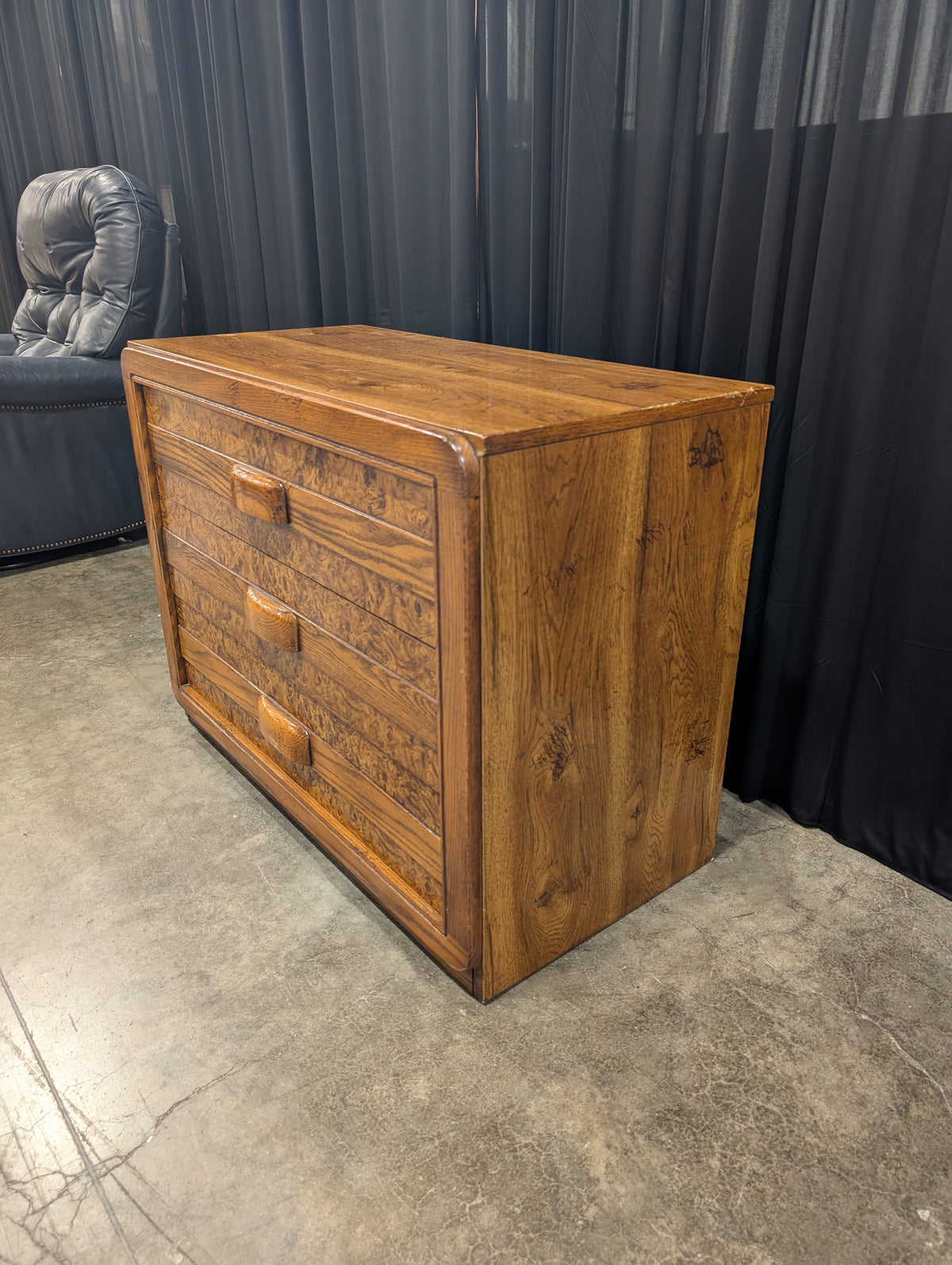 Warm Brown Hardwood Three-Drawer Dresser with Burl Grain Fronts