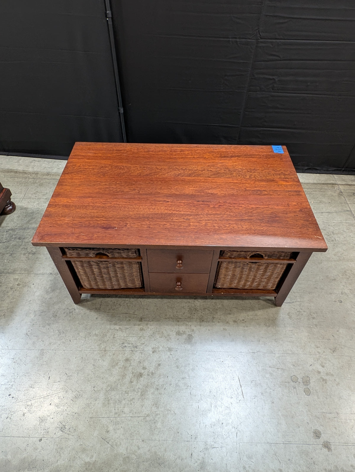 Dark Brown Wood Coffee Table with Wicker Storage Baskets