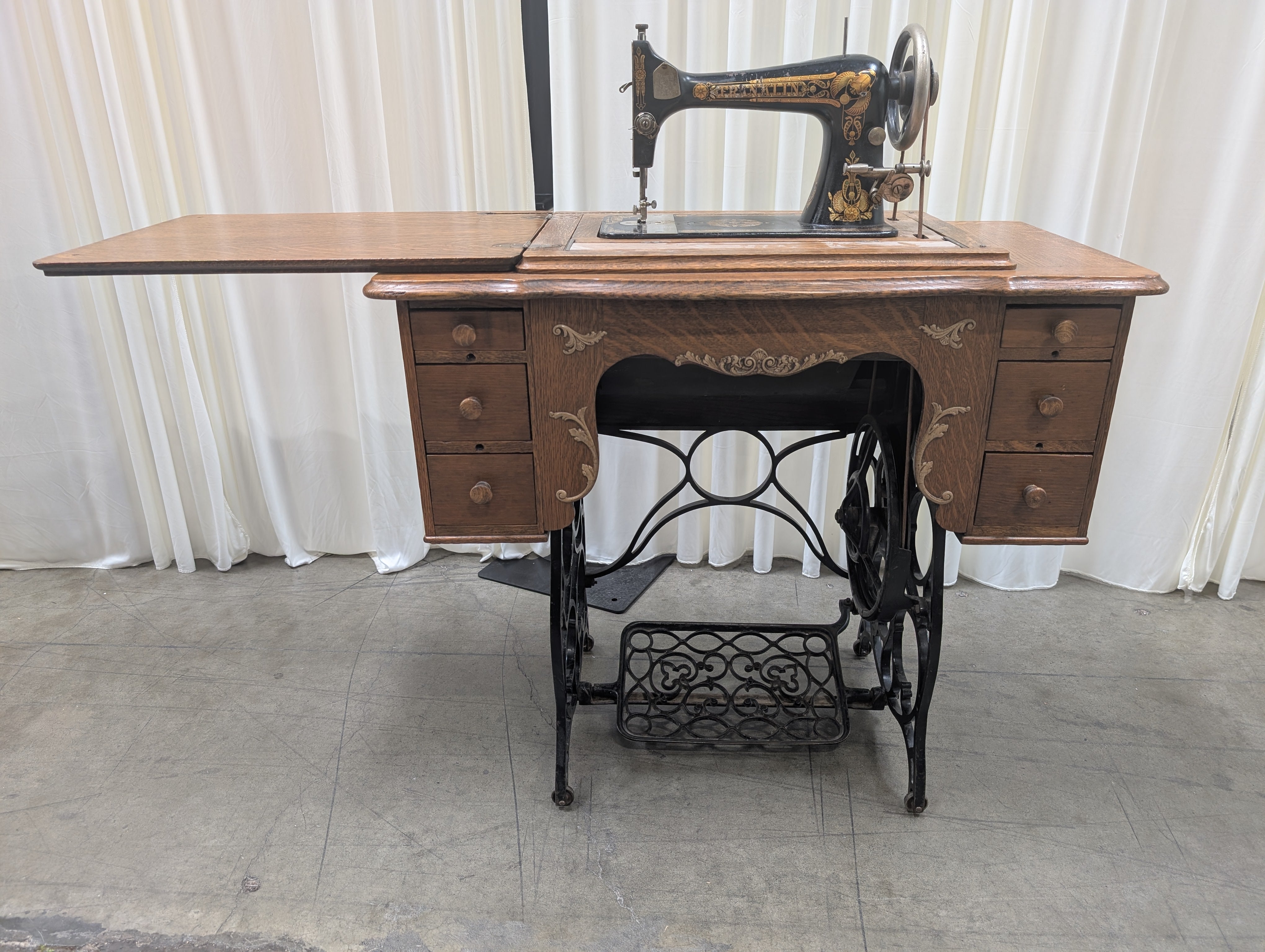 Oak Wood Antique Sewing Machine Cabinet with Ornate Details