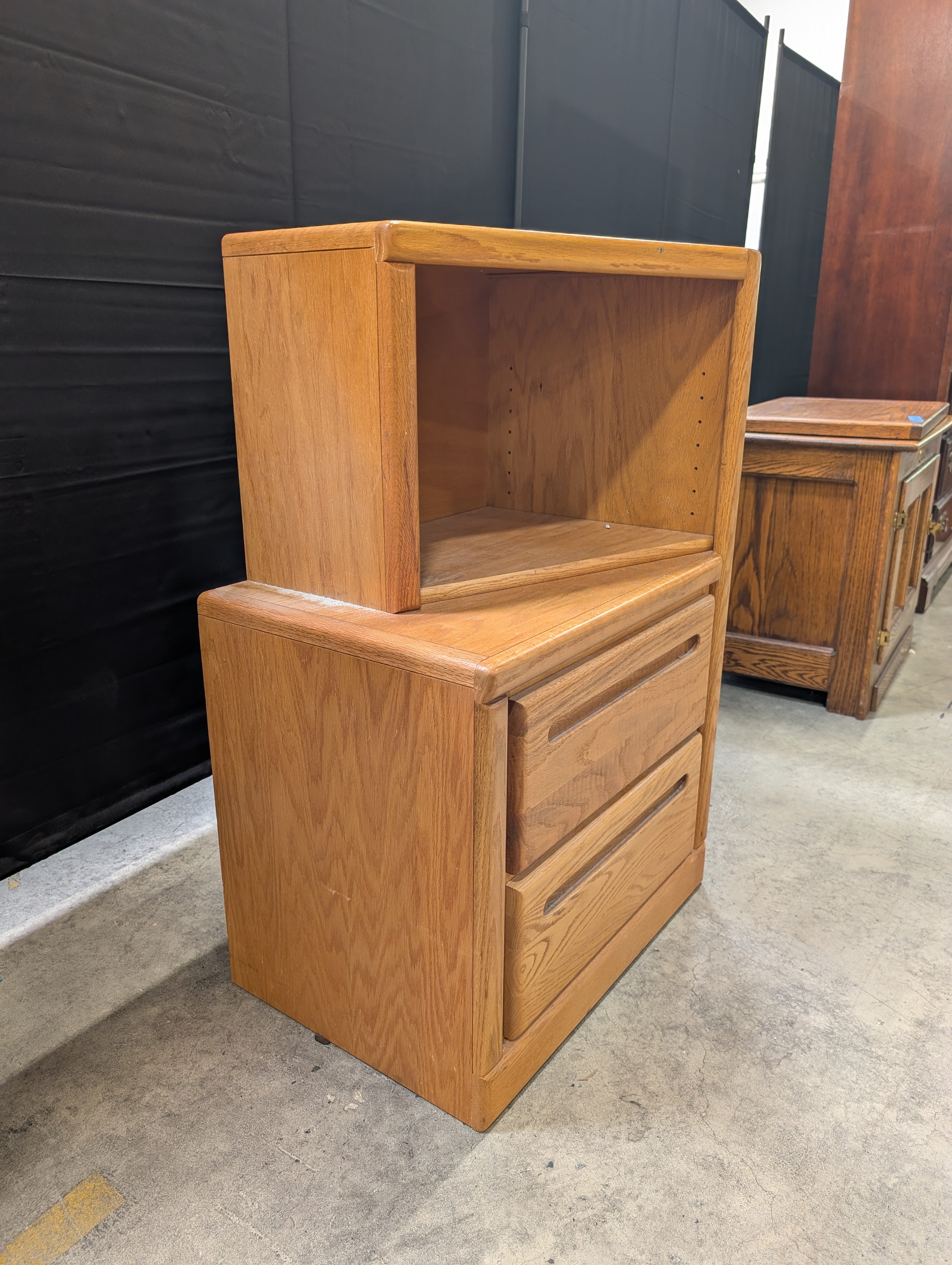 Honey Oak Two-Drawer Nightstand with Shelf