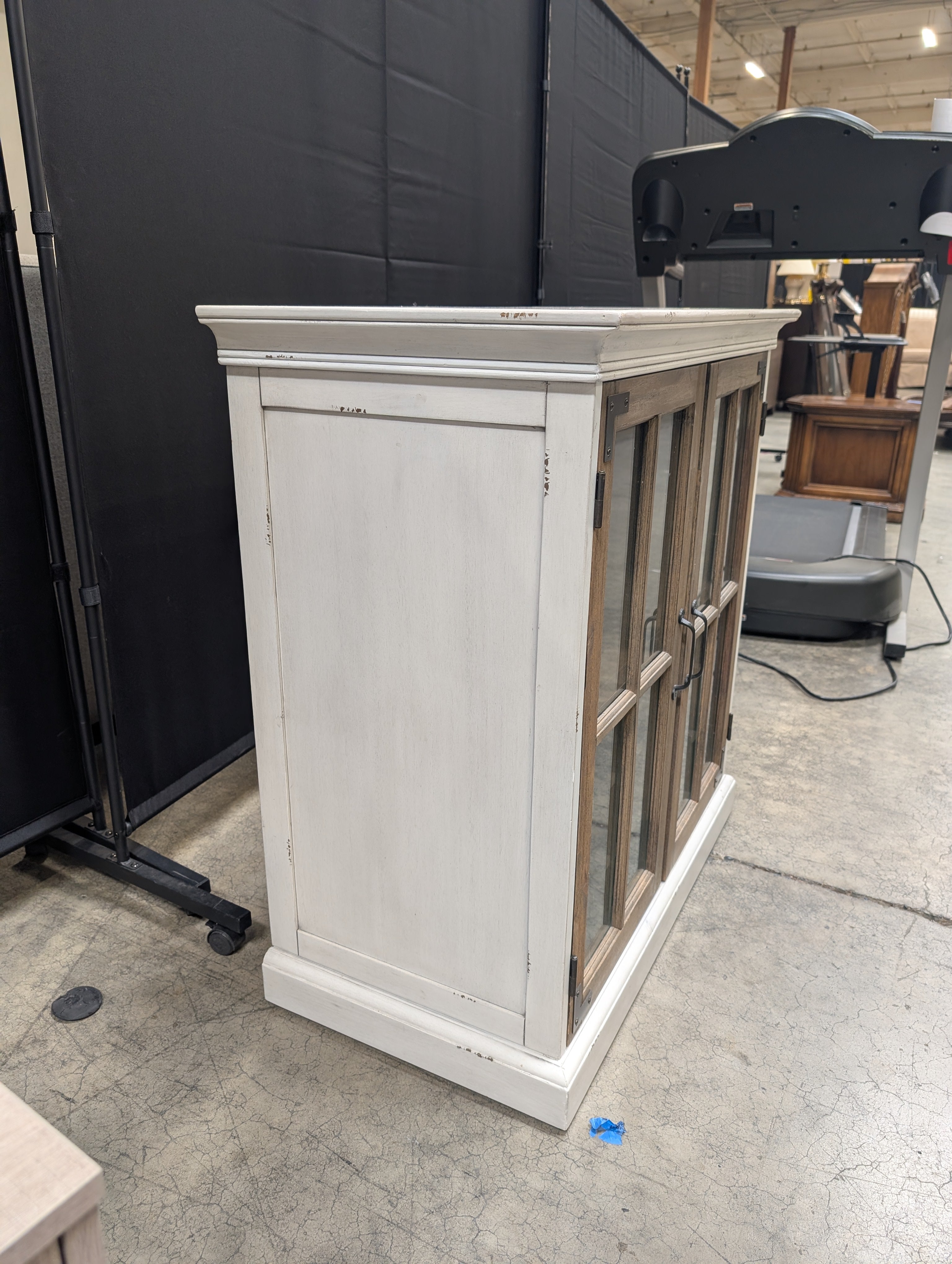 Two-Tone Distressed White Wine Cabinet with Glass Doors