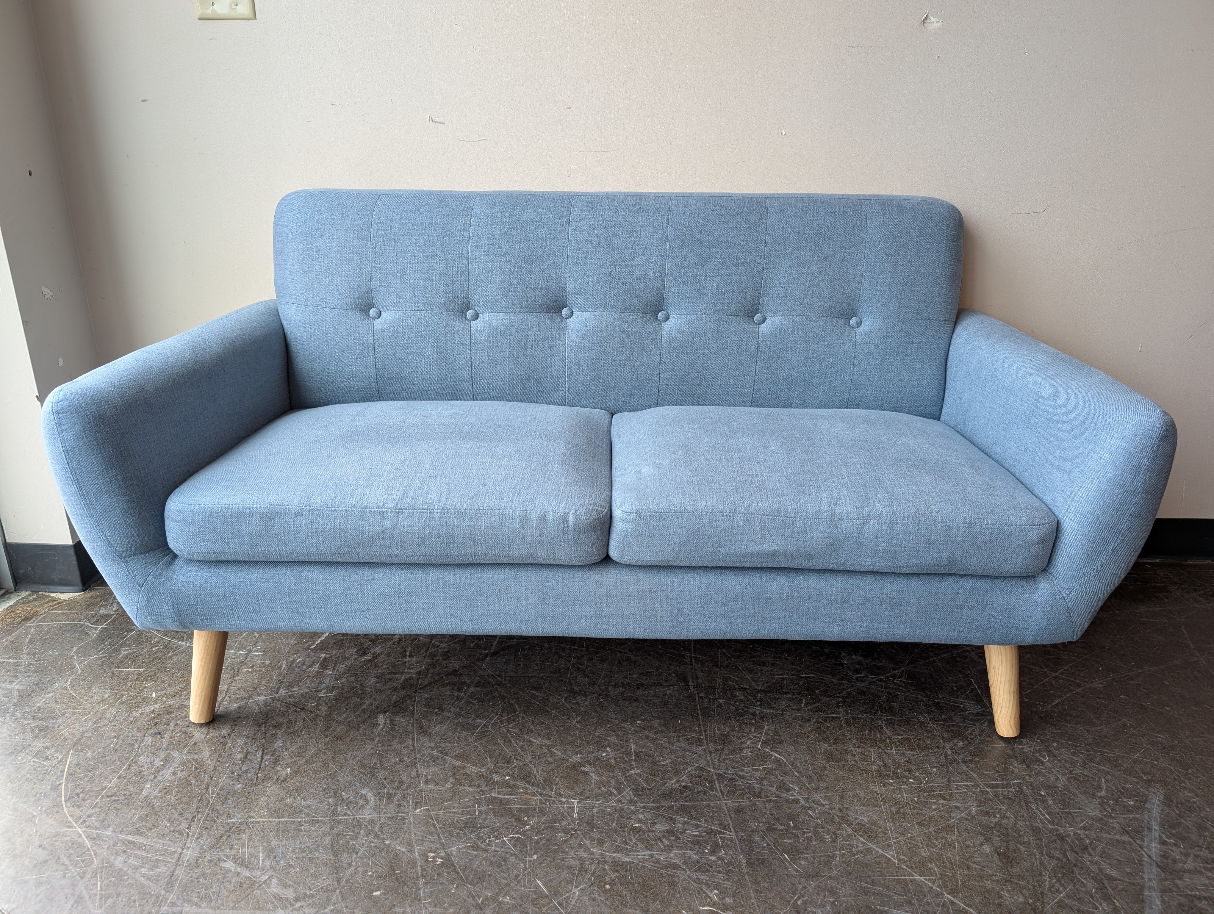 Mid-Century Modern Inspired Teal Blue Fabric Loveseat with Tufted Back