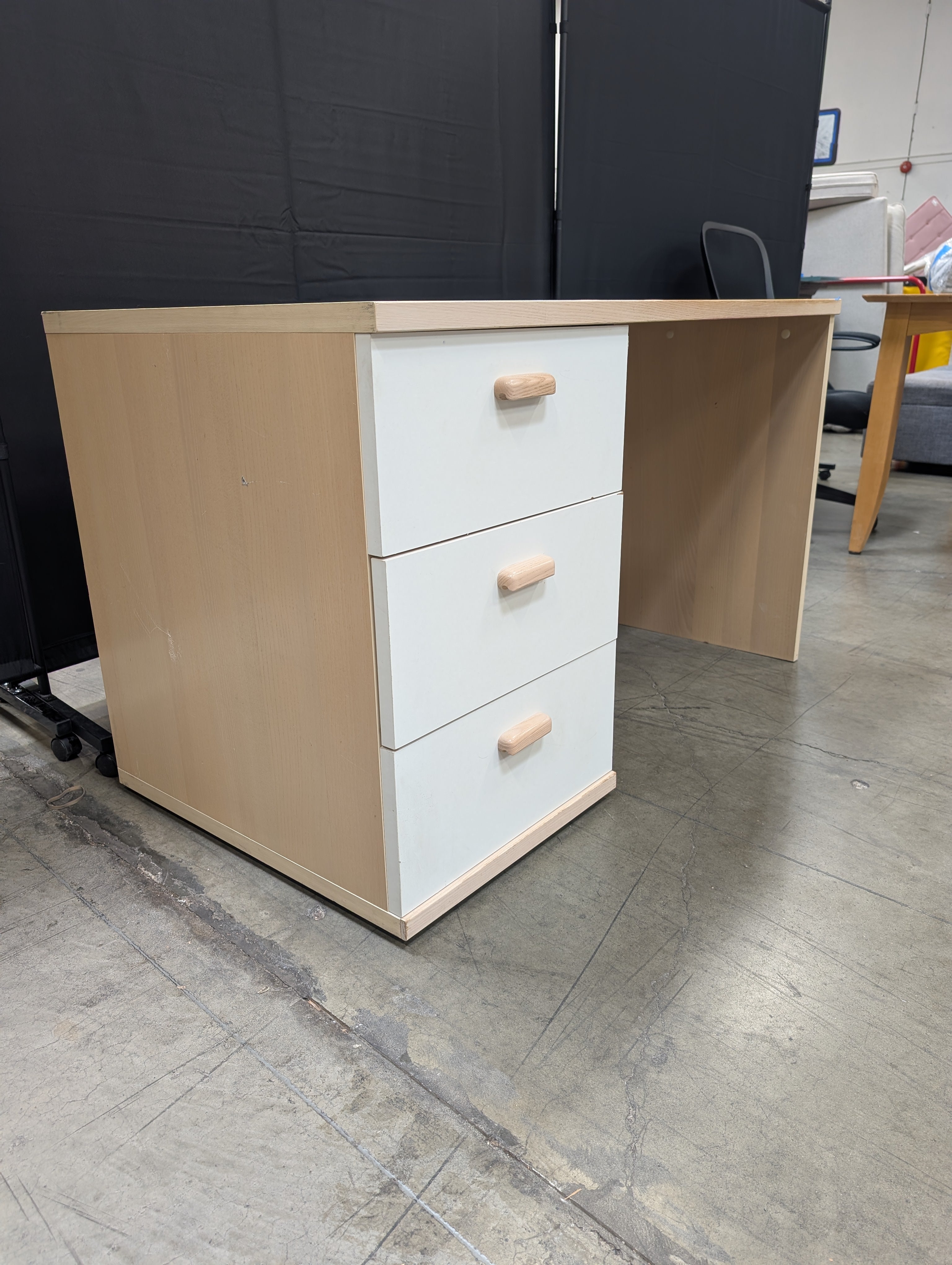 Modern Wood Tone Desk with Three Grey Drawers and Natural Pulls