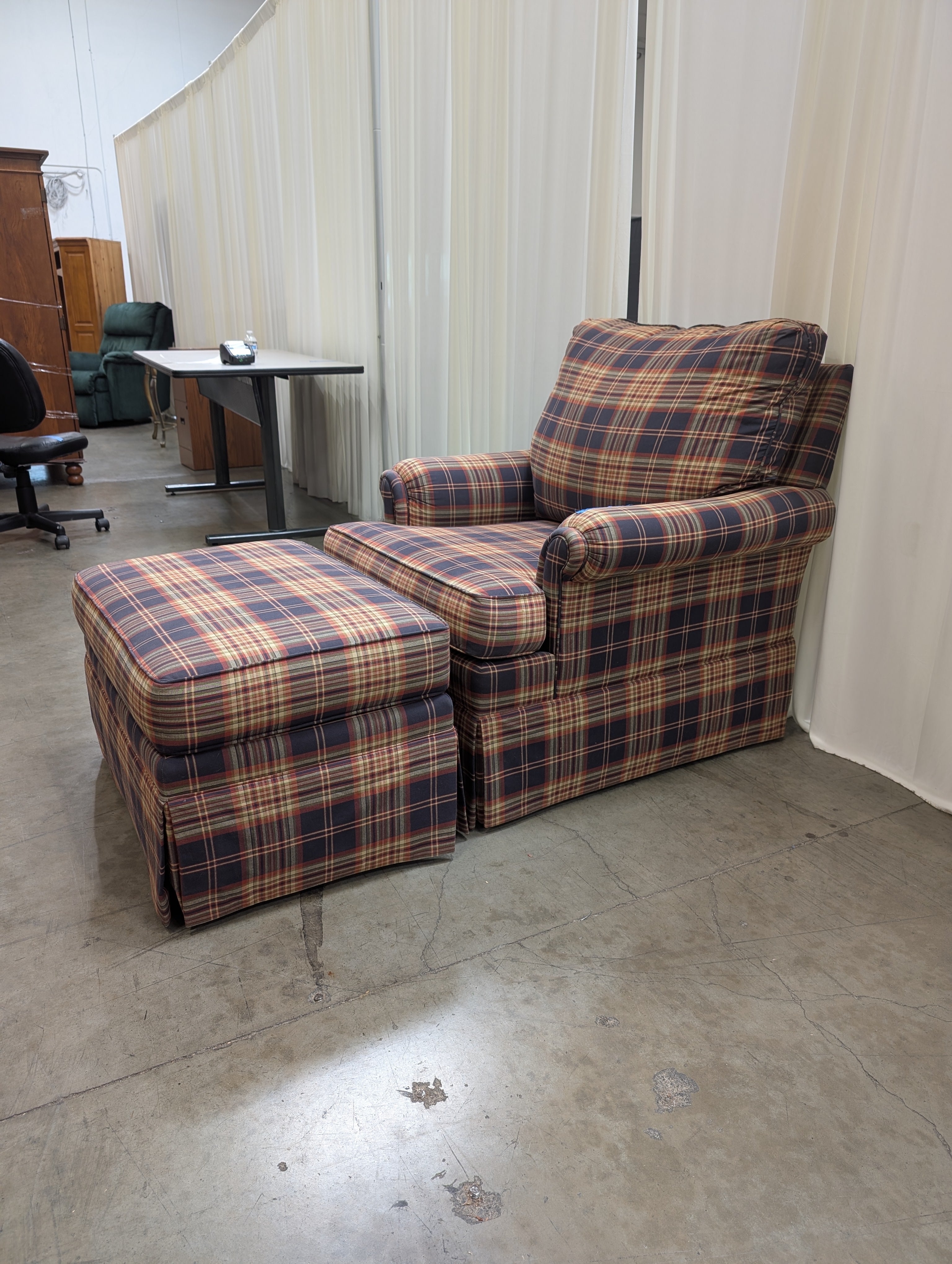 Ethan Allen Multi-Color Plaid Textile Armchair and Ottoman