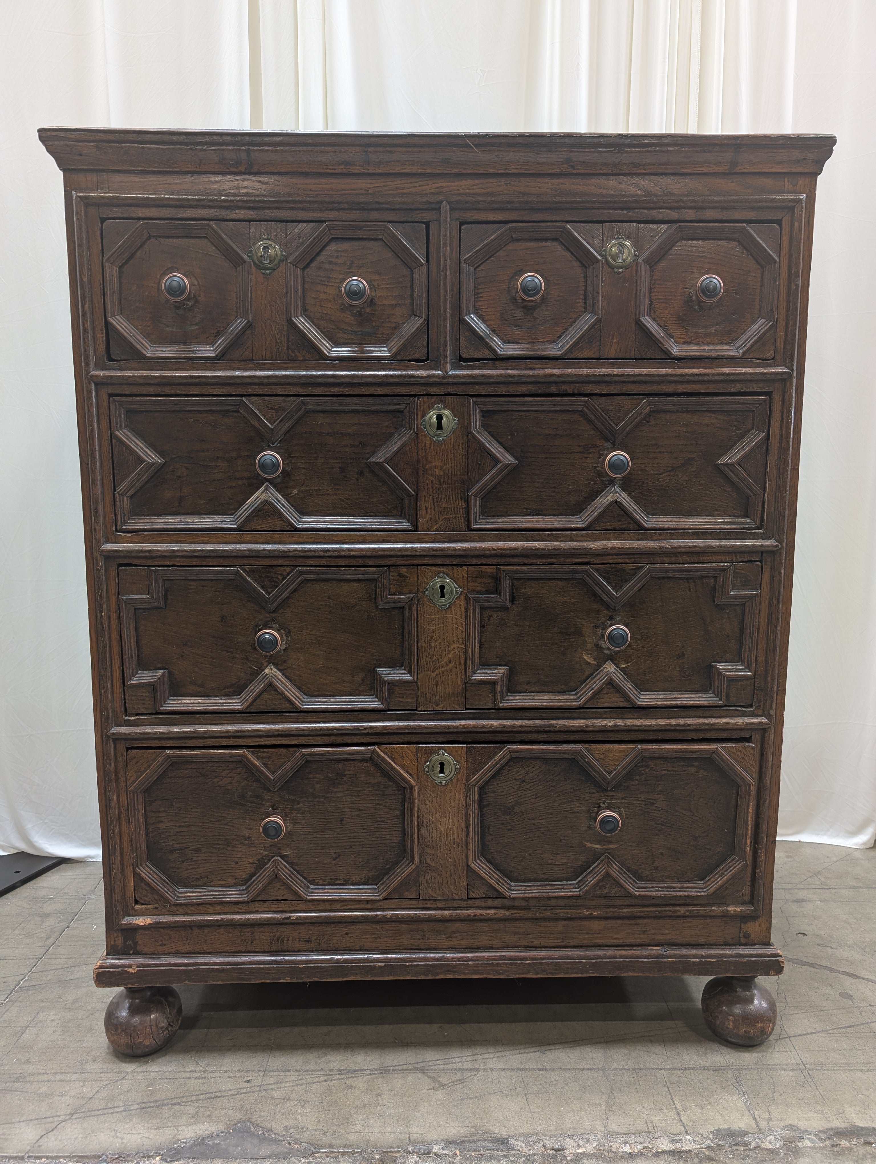 Antique Style Geometric Paneled Dresser in Dark Wood