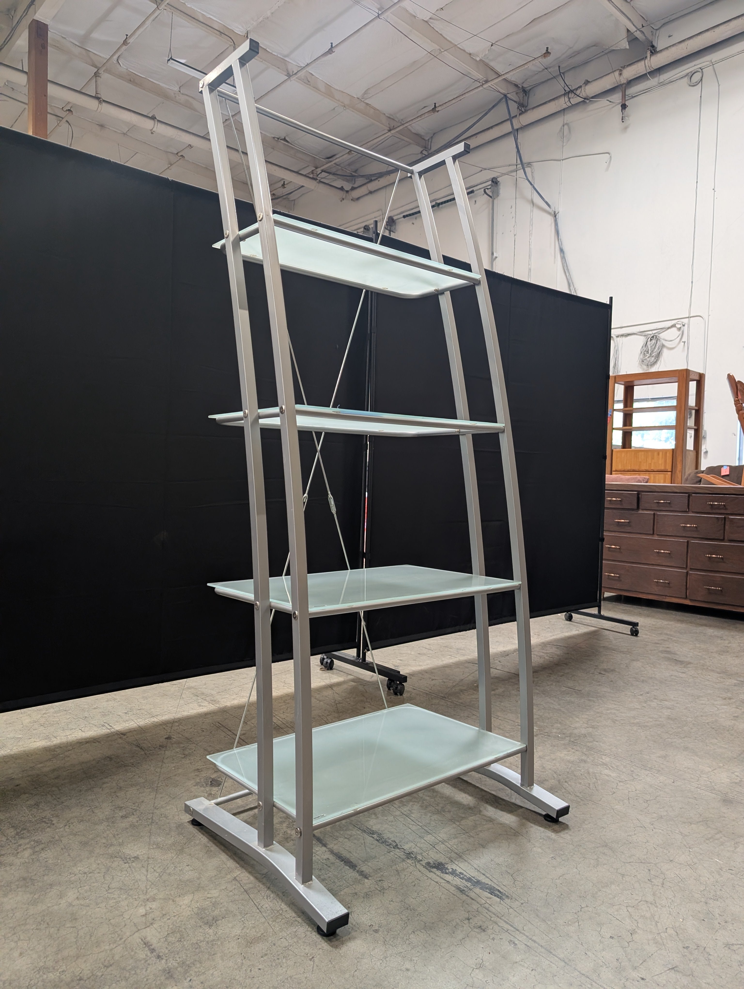 Silver Metal Four-Tier Bookcase in Frosted Glass