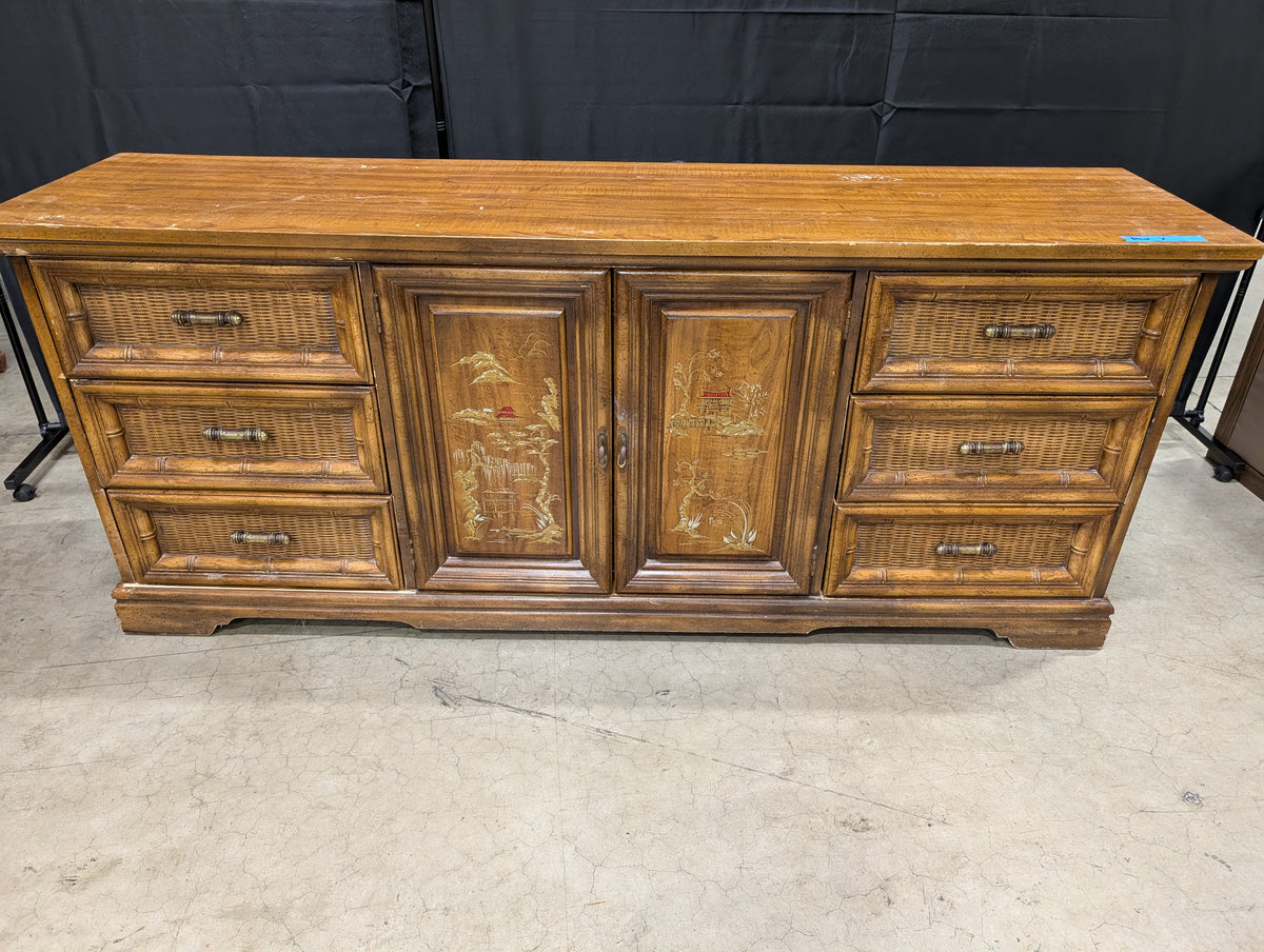 Vintage Bamboo Style Dresser with Carved Panels