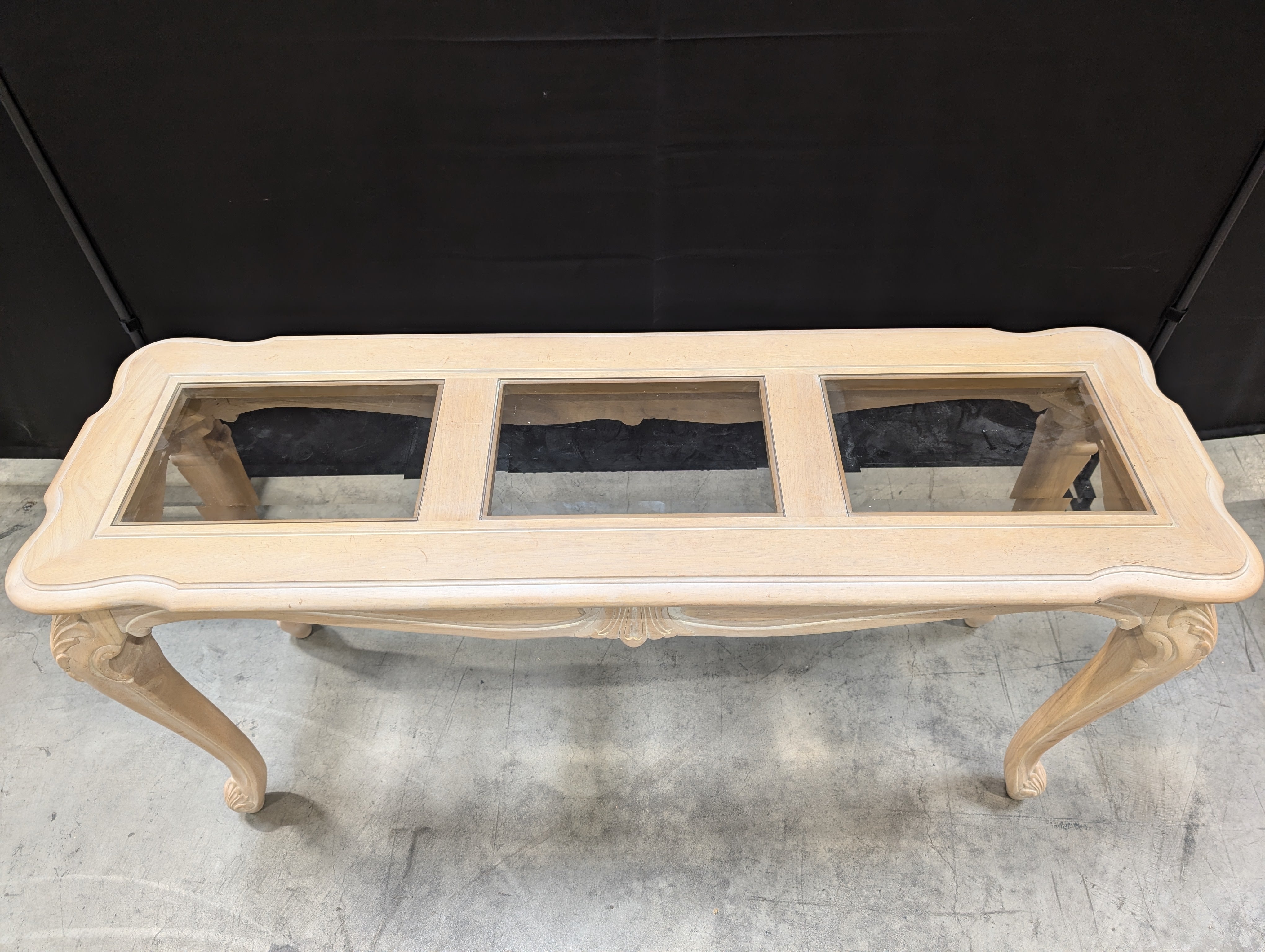 Ornate Carved Wood Hooker Furniture Console Table with Three Glass Top Panels