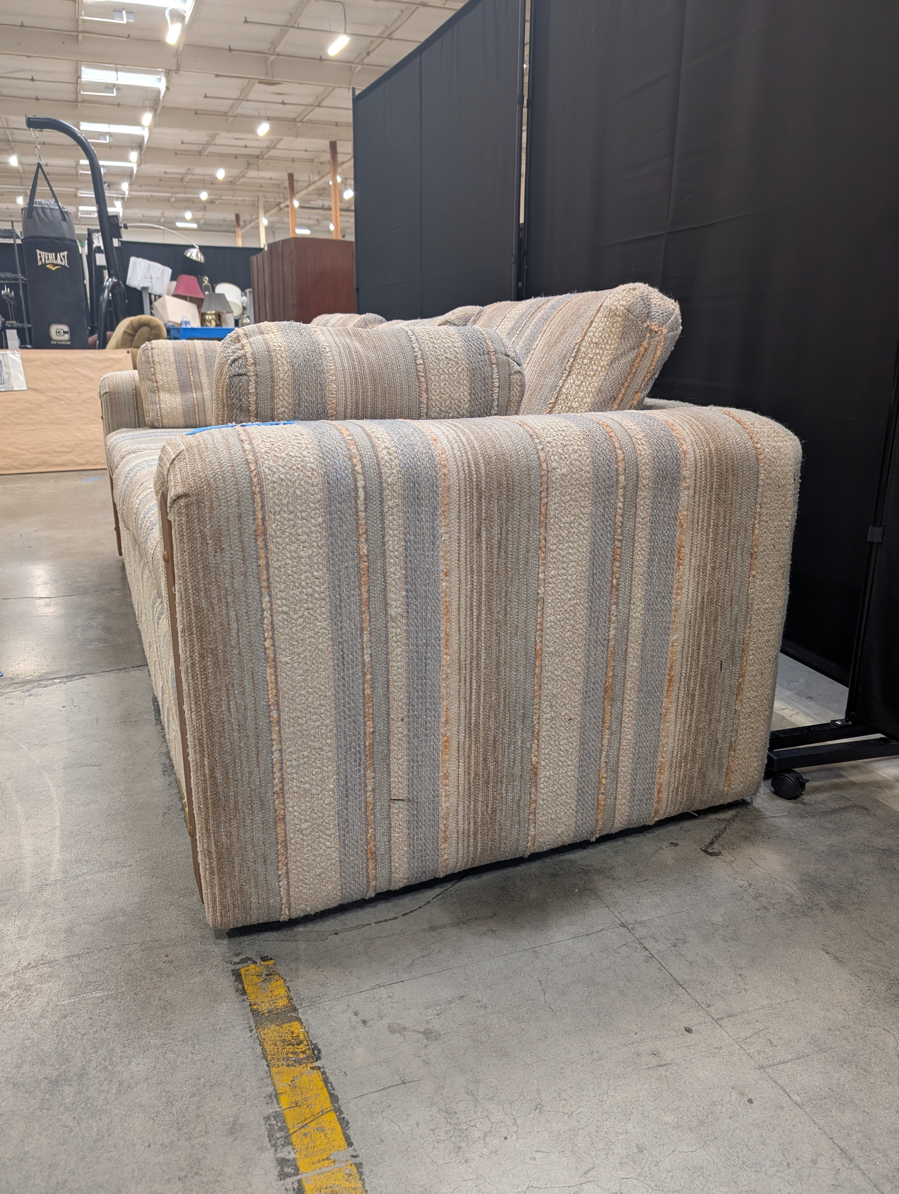 Striped Fabric Three-Seater Sofa with Wood Arm Accents