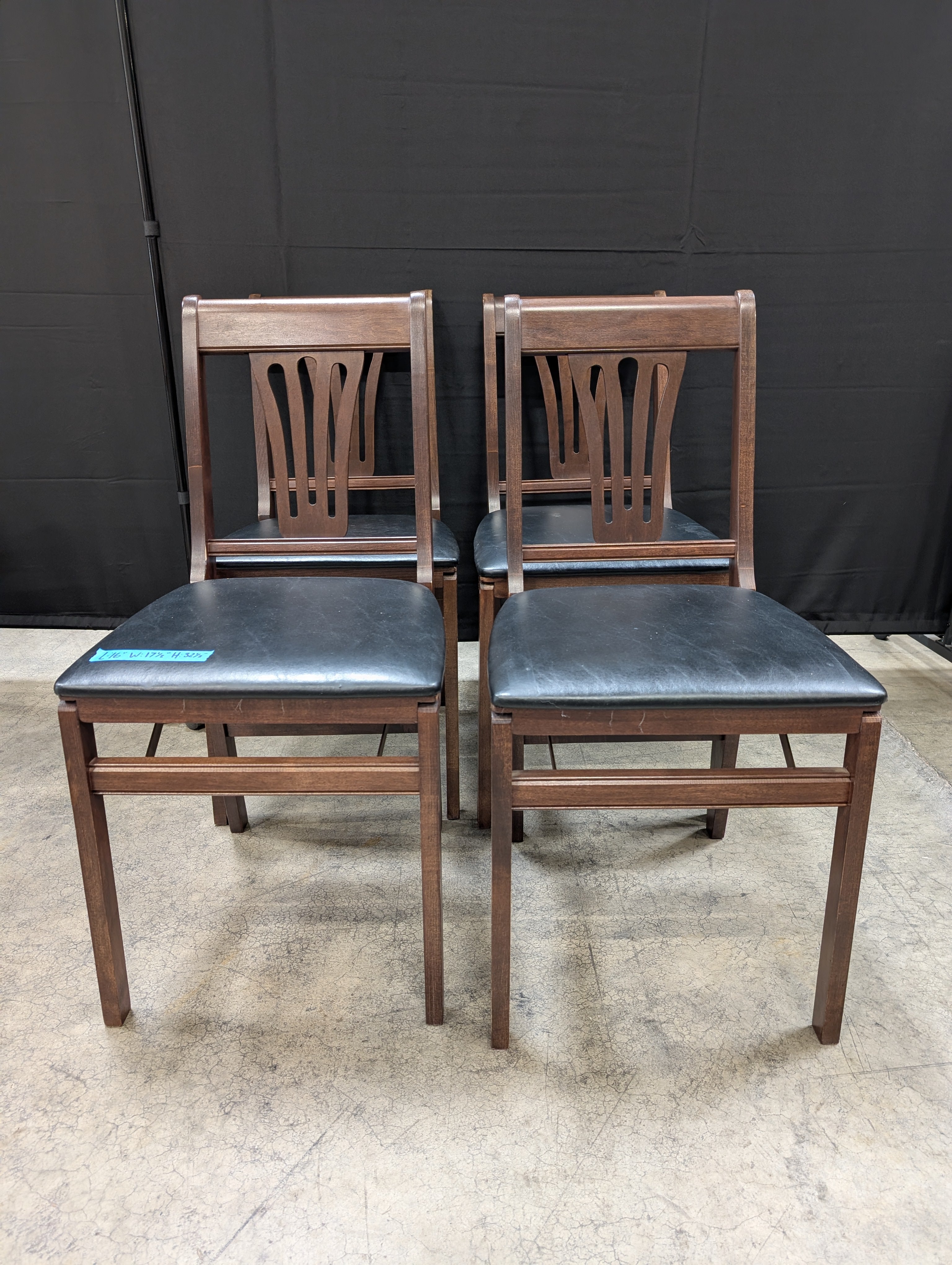 Set of Four Dark Brown Wood Folding Dining Chair with Black Seat