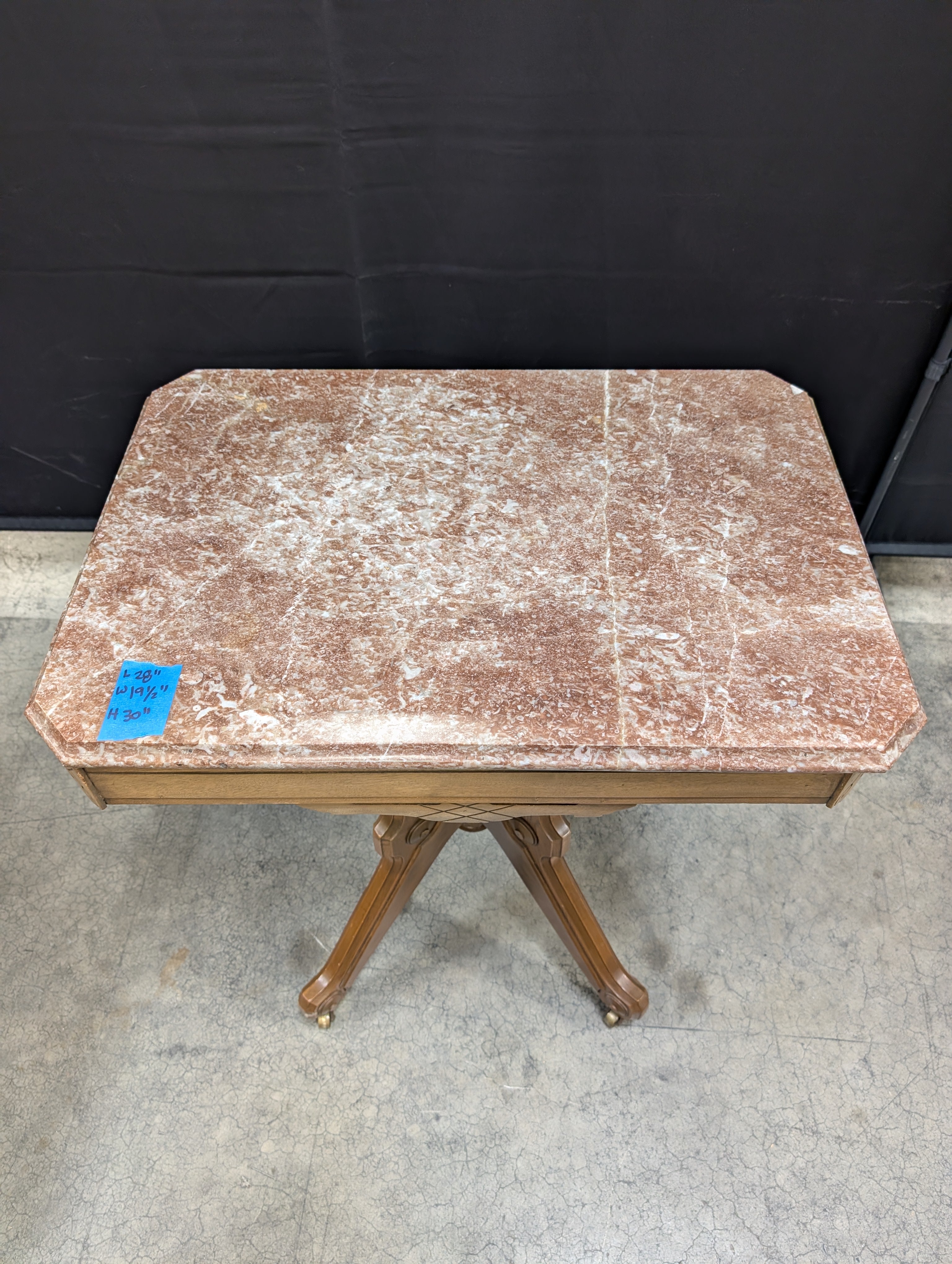 Vintage Hexagonal Marble Top Accent Table with Carved Wood Base