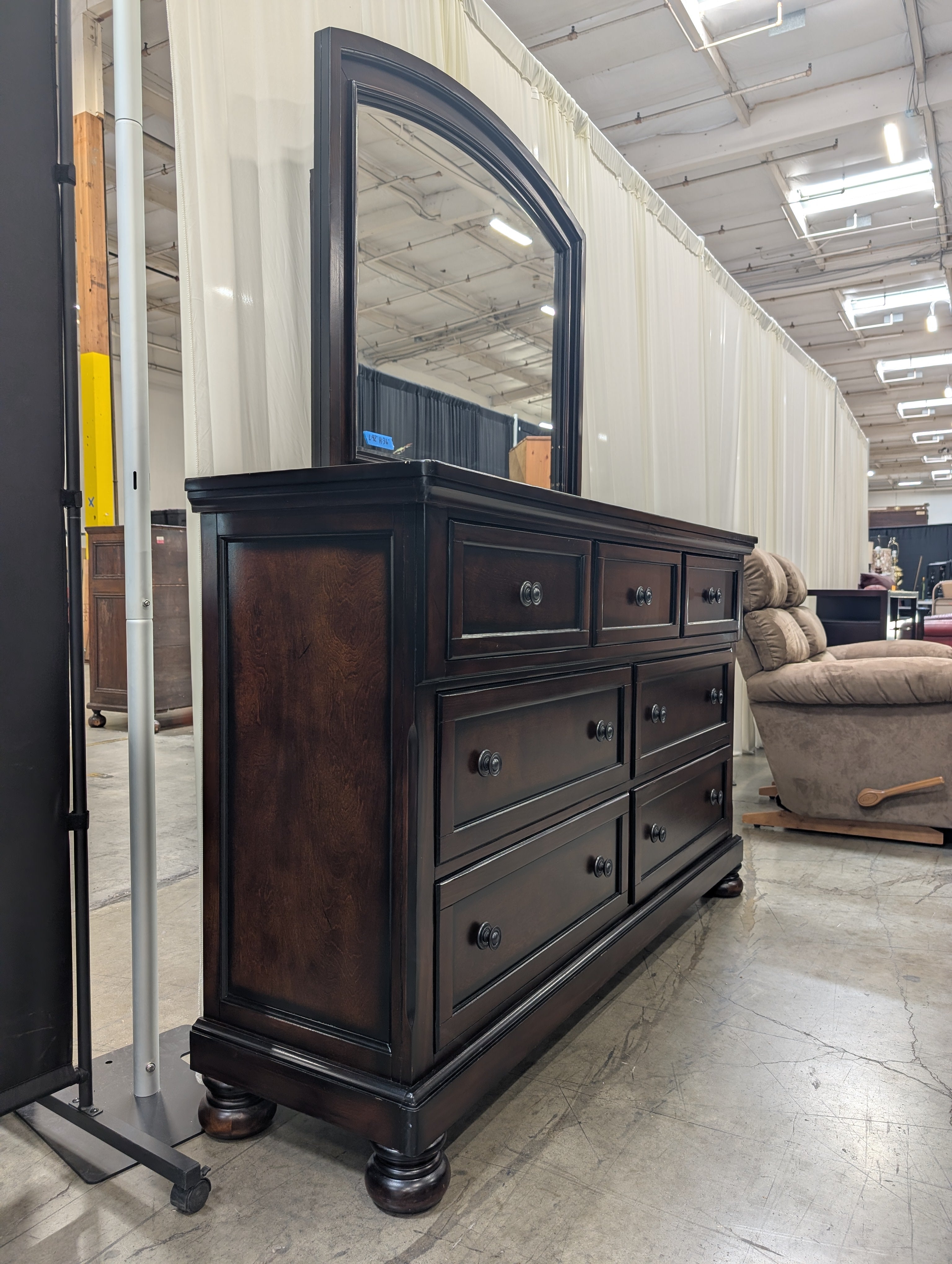 Dark Cherry Wood Dresser with Arched Mirror