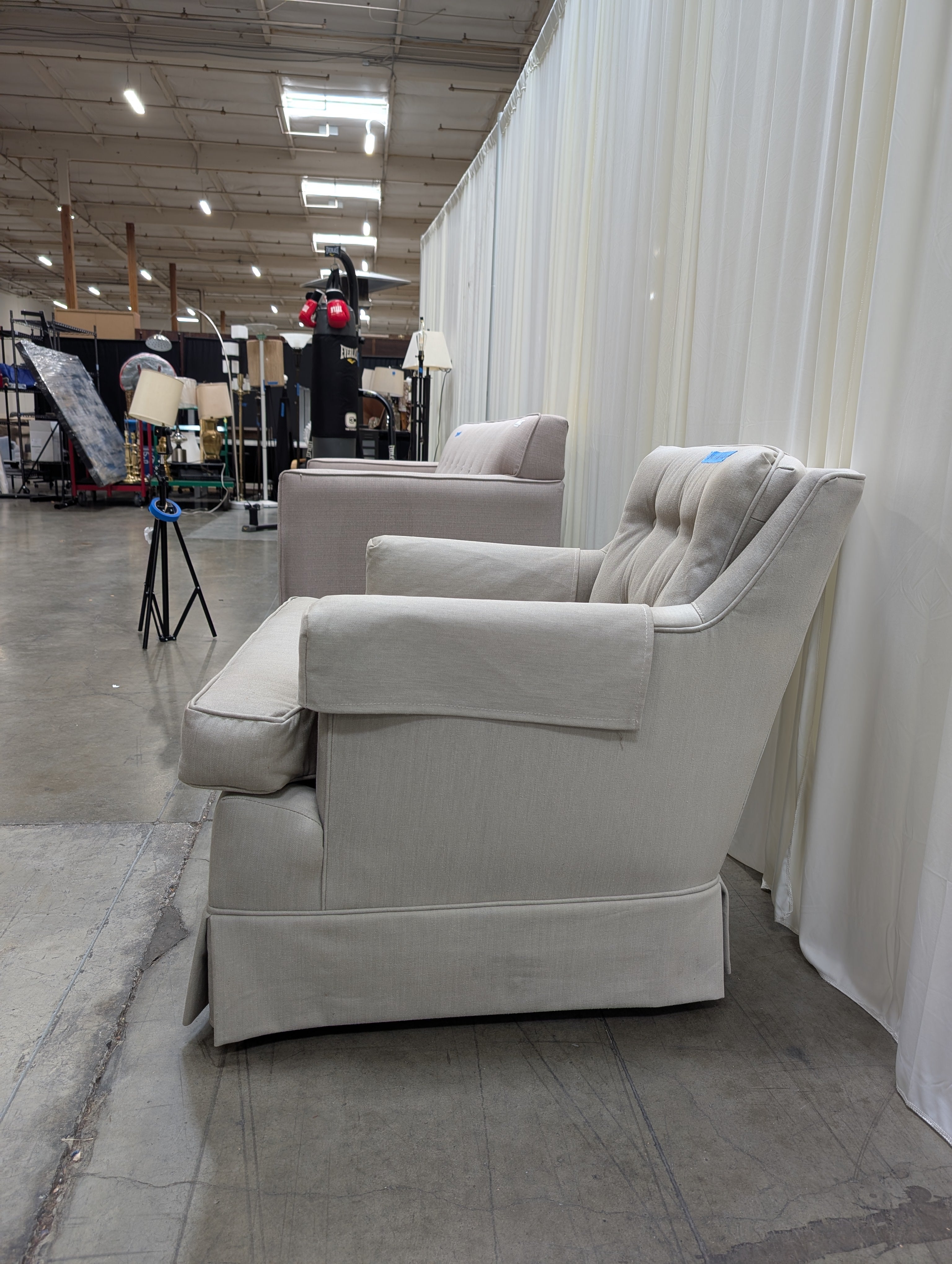 Beige Tufted Fabric Armchair with Skirted Base