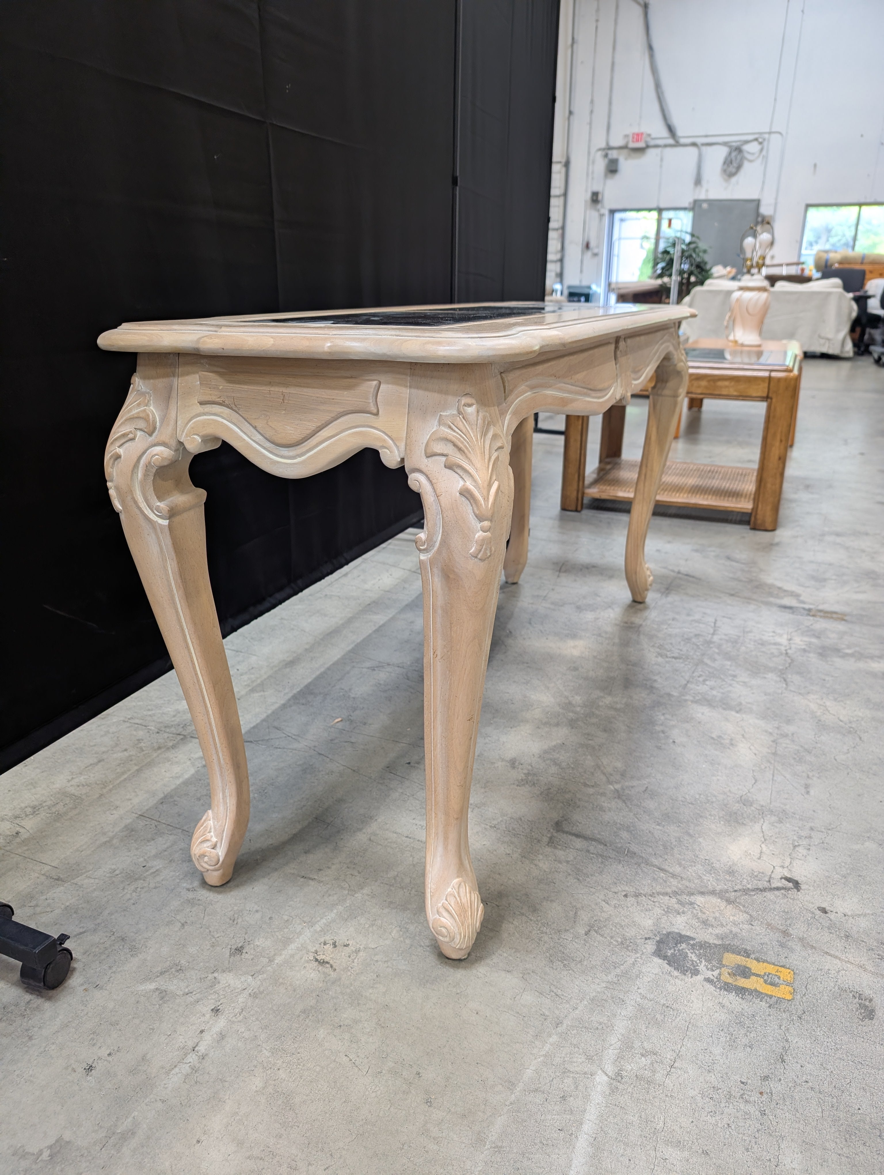 Ornate Carved Wood Hooker Furniture Console Table with Three Glass Top Panels