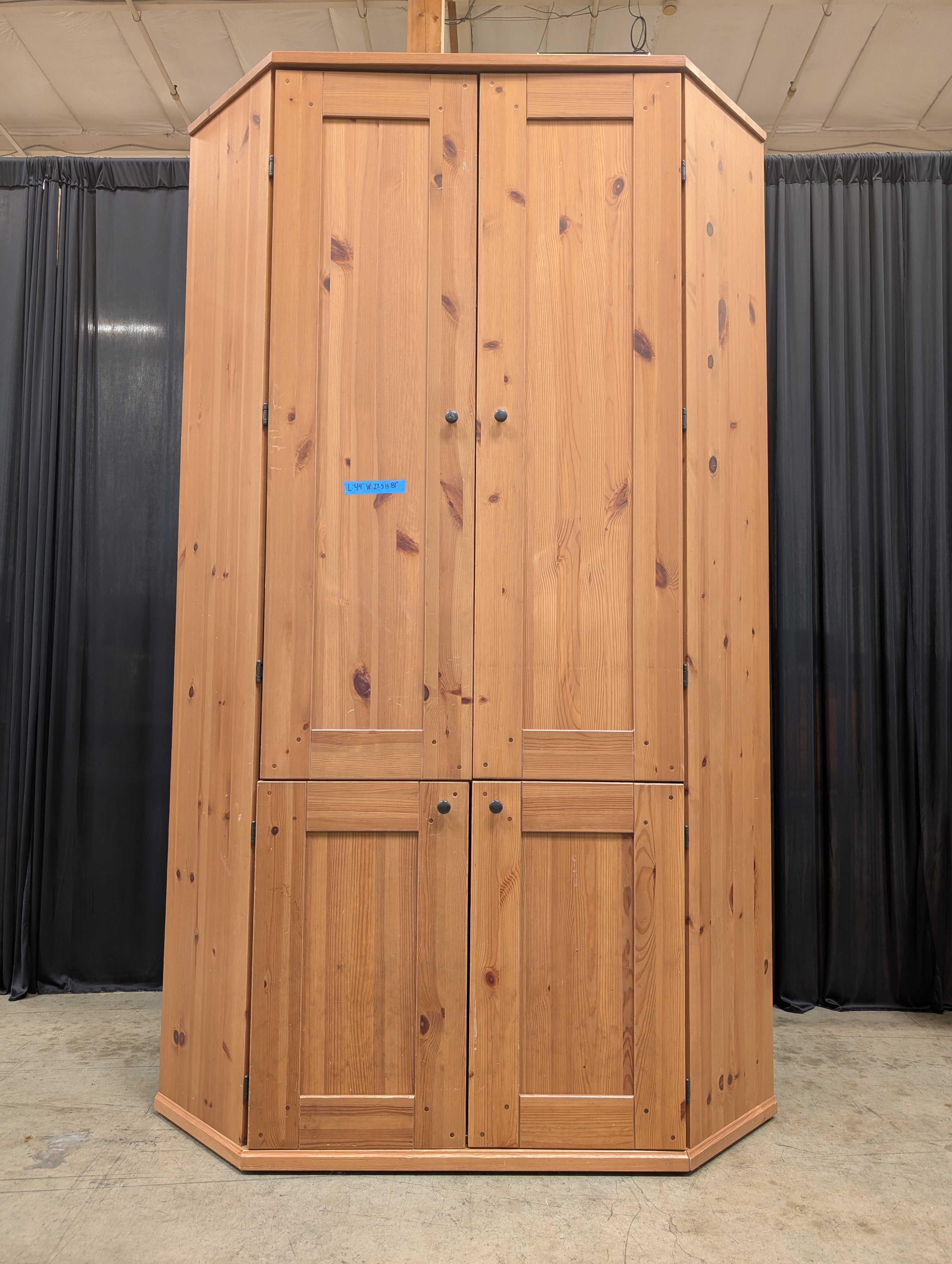 Rustic Pine Corner Armoire with Paneled Doors