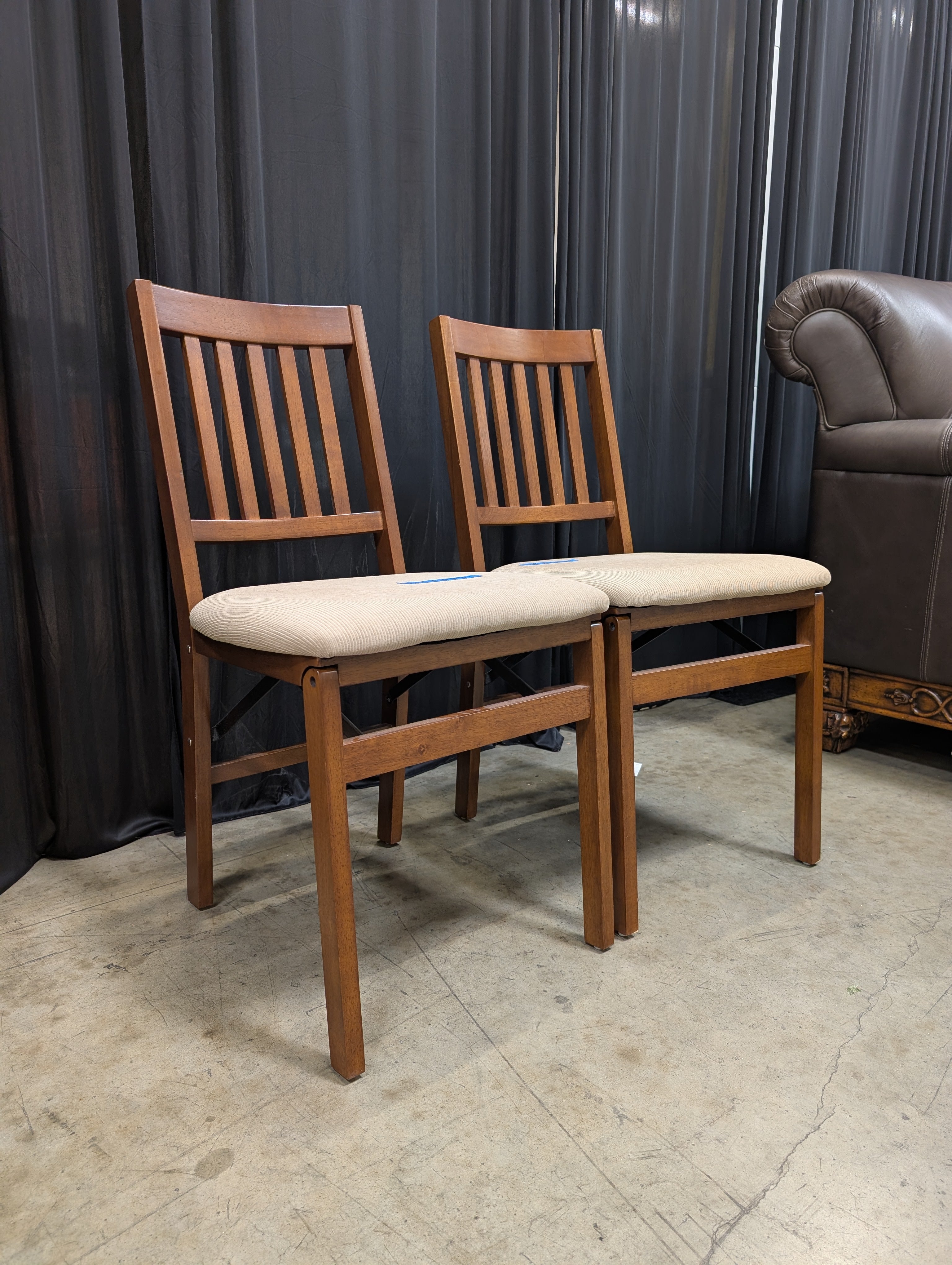 Pair of Slatted Wood Folding chairs Chair with Upholstered Seat