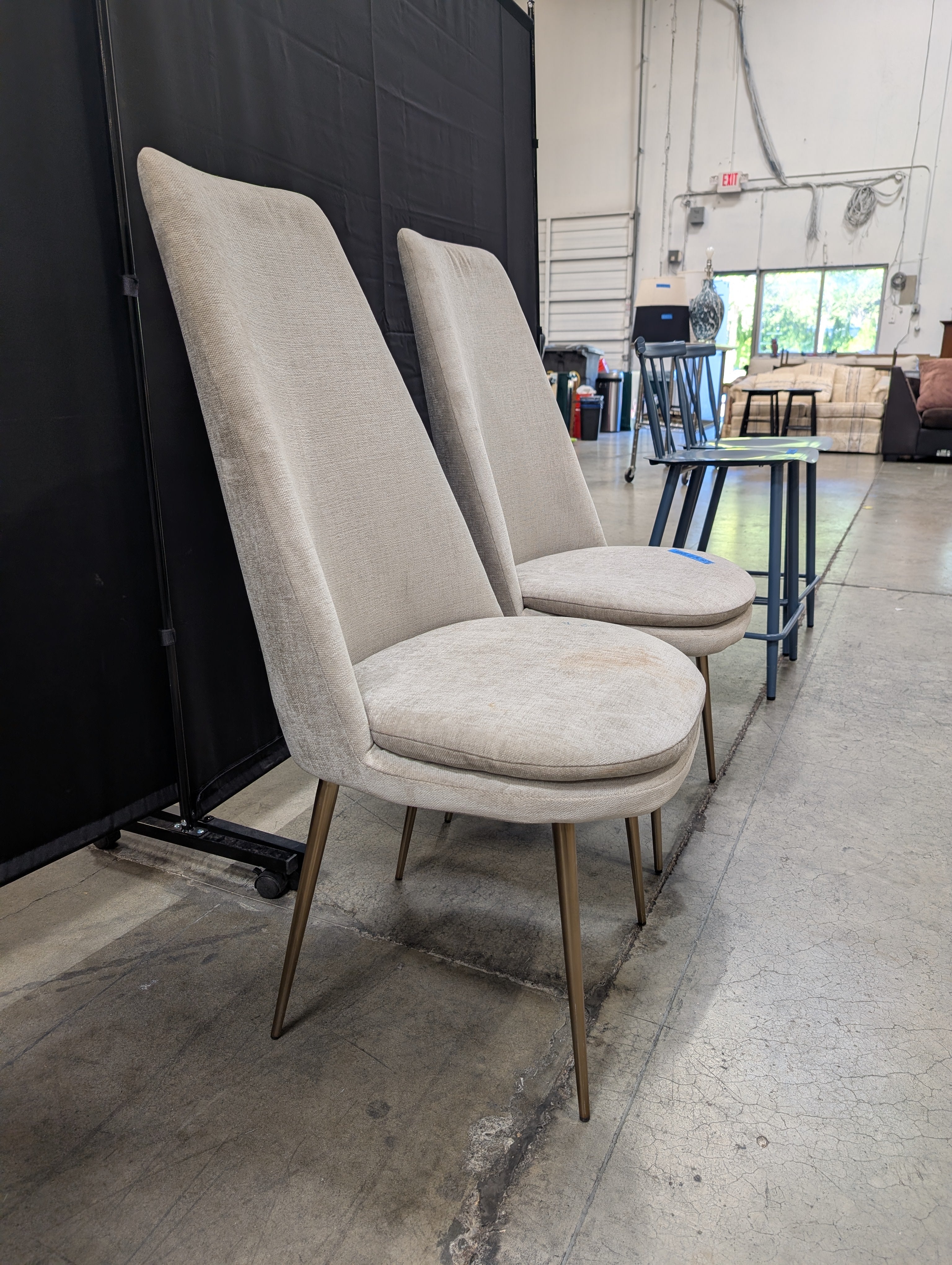 Pair of West Elm High-Back Beige Upholstered Dining Chair in Textured Fabric