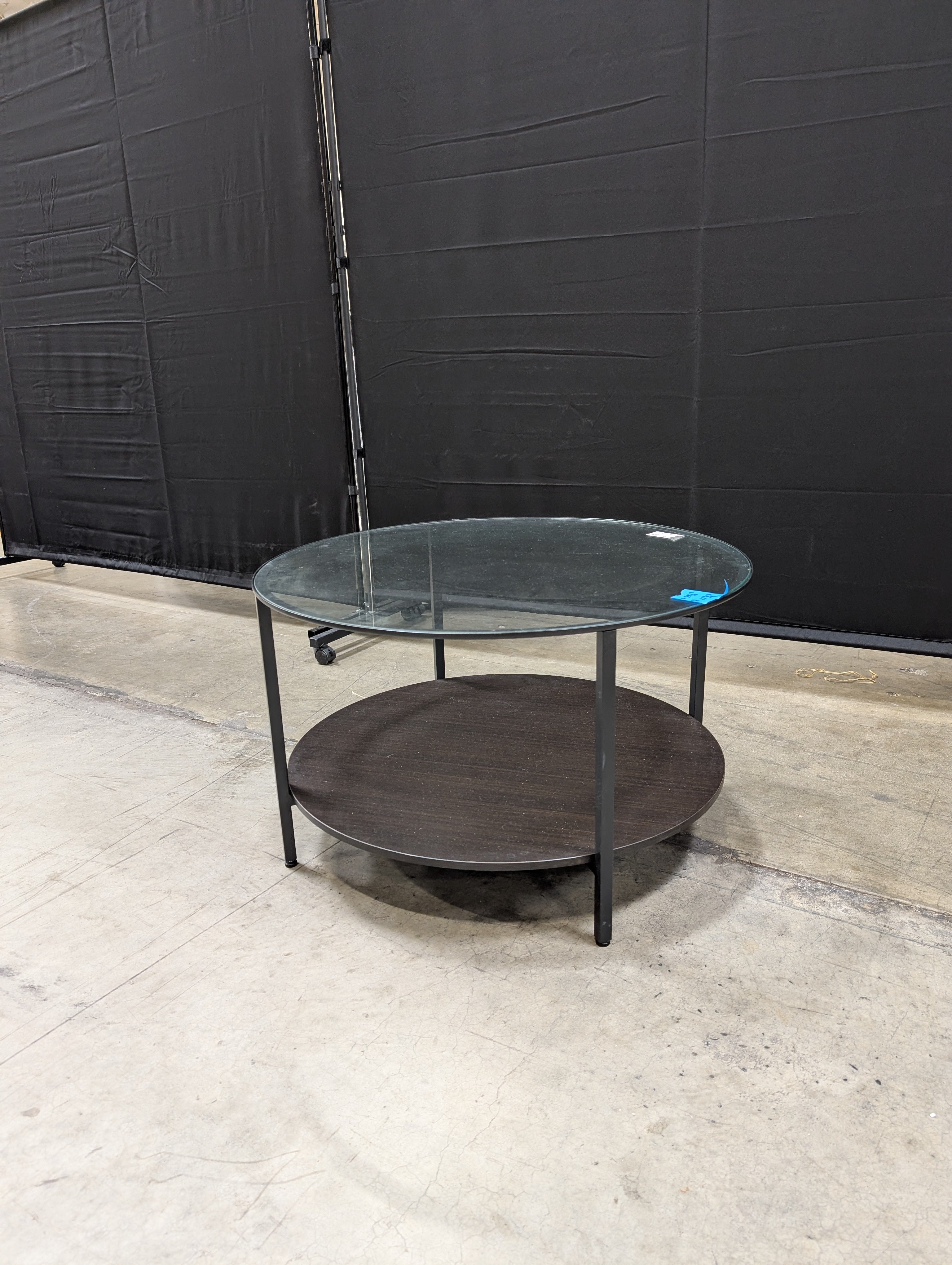 Contemporary Round Glass Top Coffee Table with Dark Wood Base