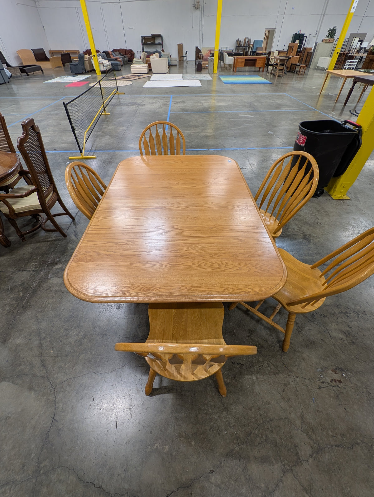 A-America Solid Oak Trestle Dining Table with Leaf and 5 Arrow-Back Windsor Chairs, 6-Piece Set, Assembled in USA