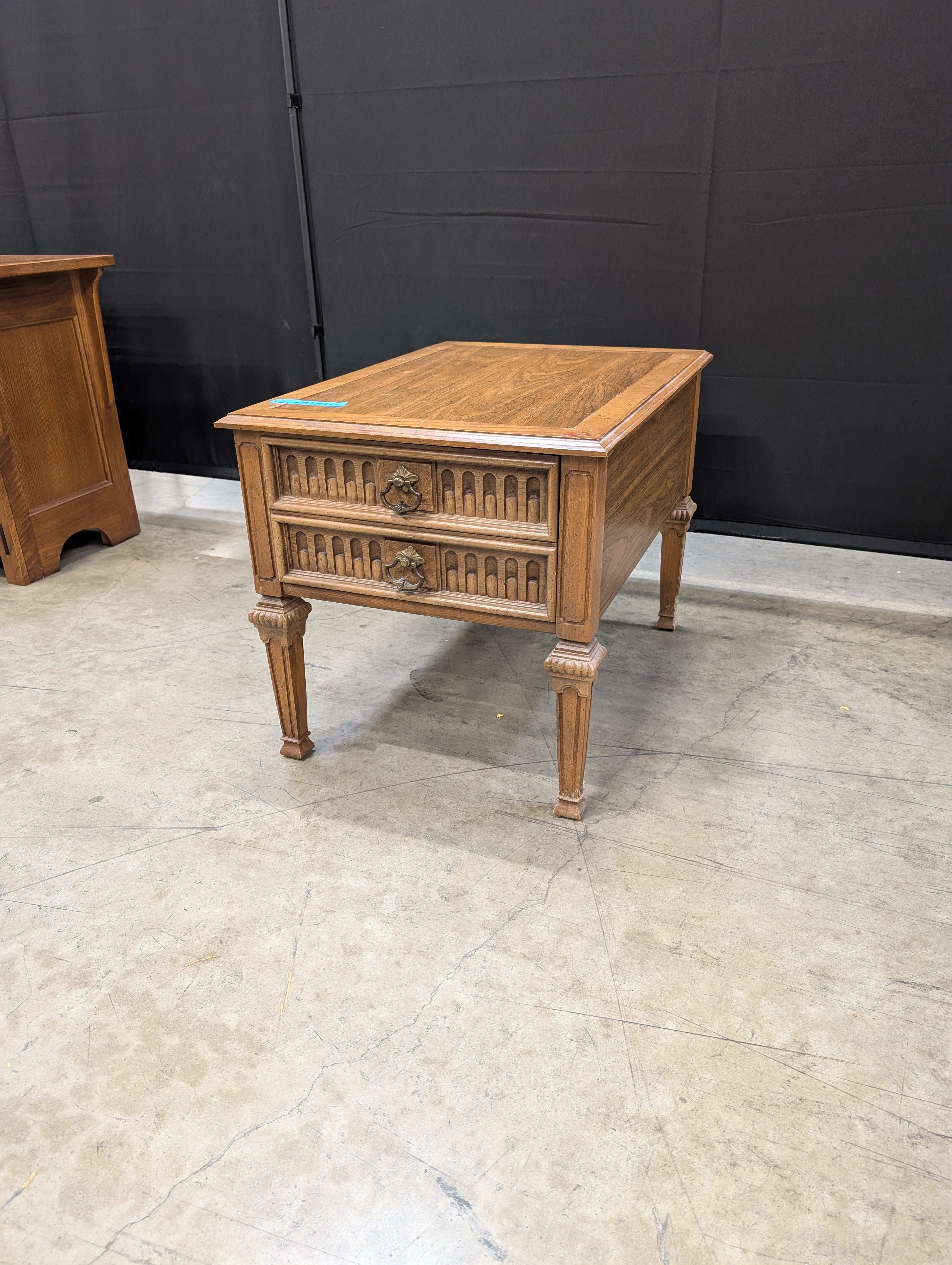 Vintage Carved Hardwood Two-Drawer Nightstand