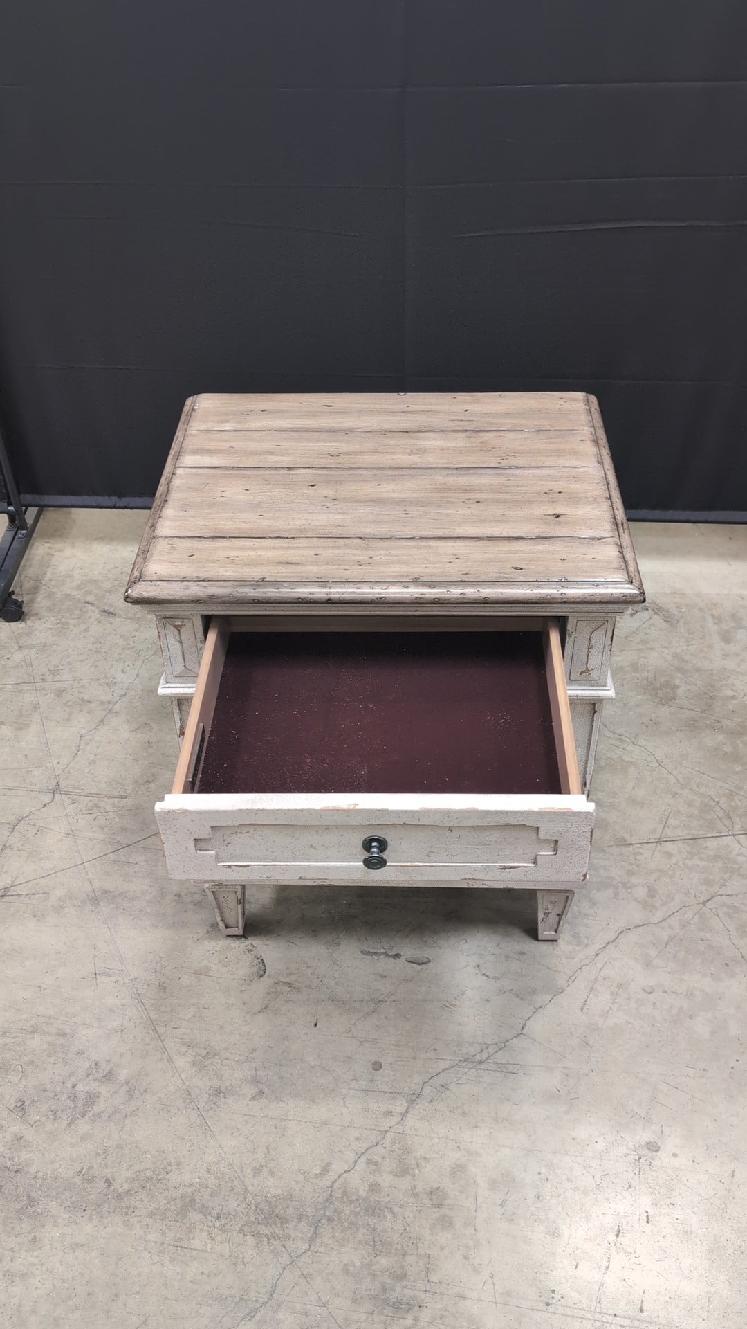 Distressed Wood Bassett Nightstand with Power supply