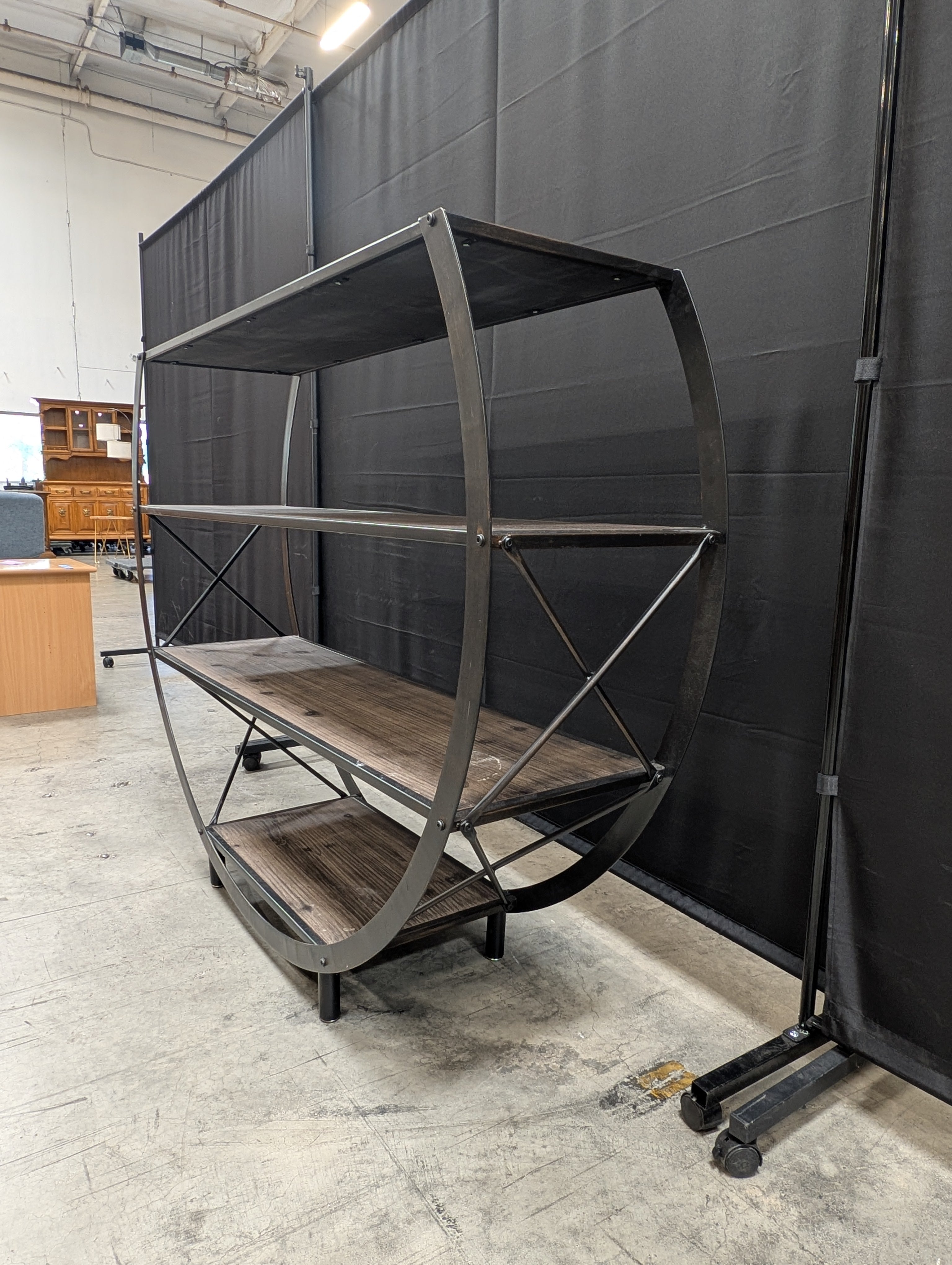 Industrial Half-Moon Display Shelf with Wood Tiers