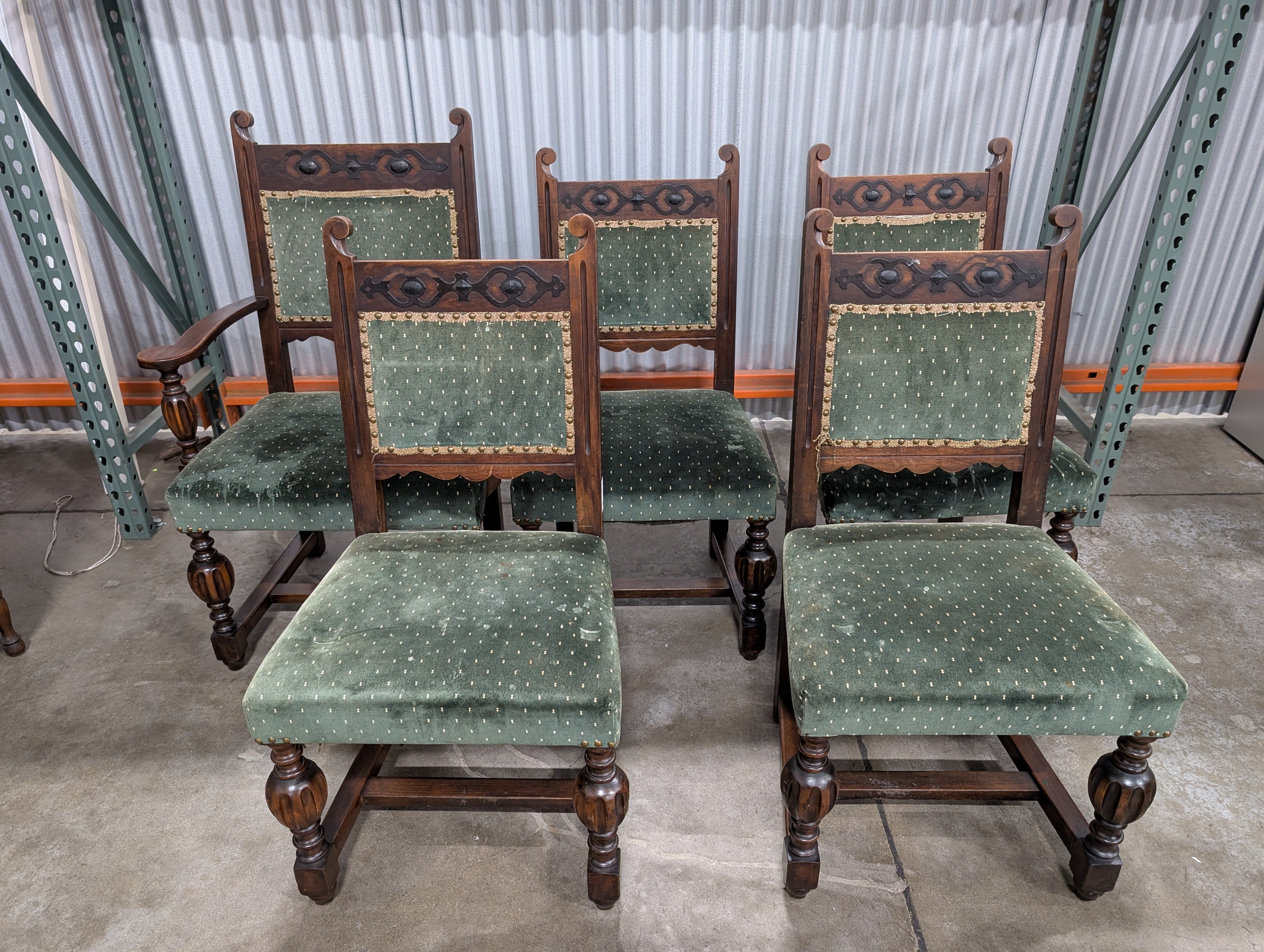 Set of Five- Vintage Carved Wood Accent Chair with Green Upholstery