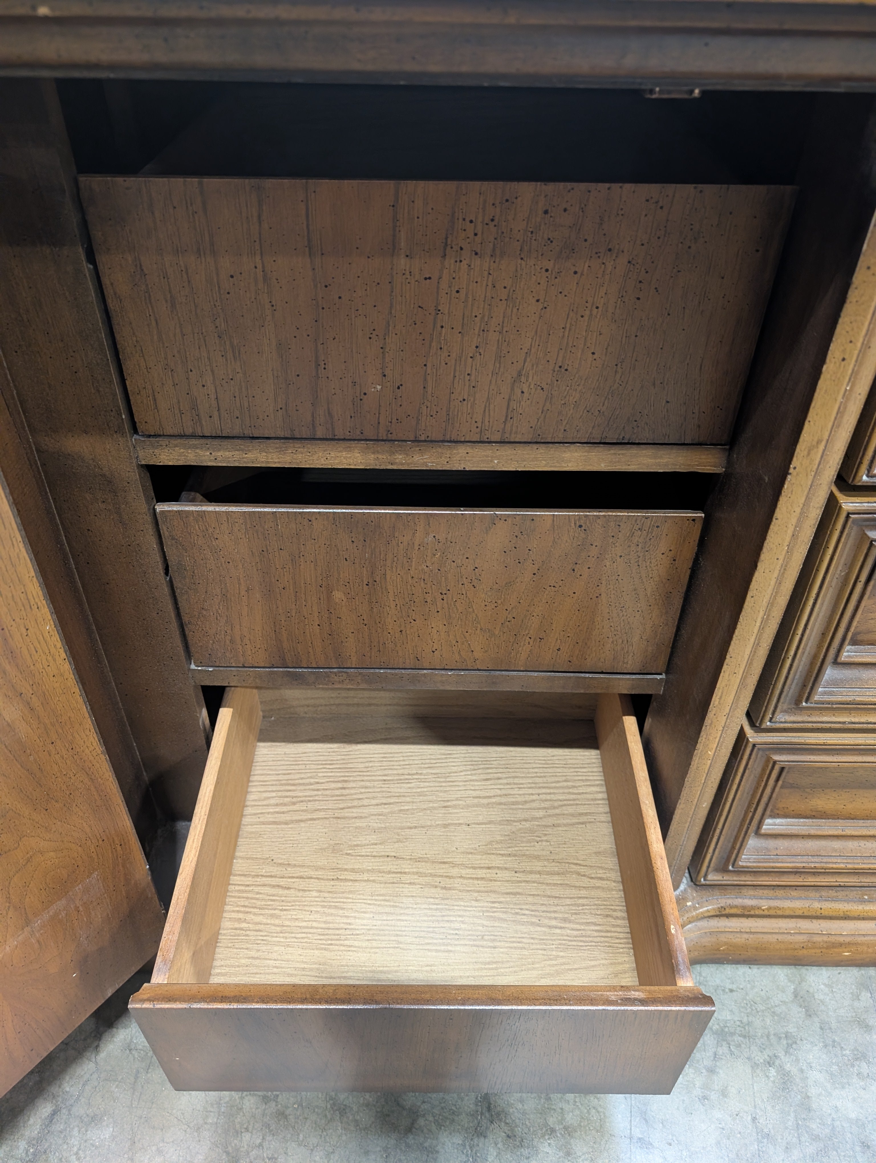 Ornate Traditional Dark Wood Dresser with Nine Drawers and Two Carved Mirrors