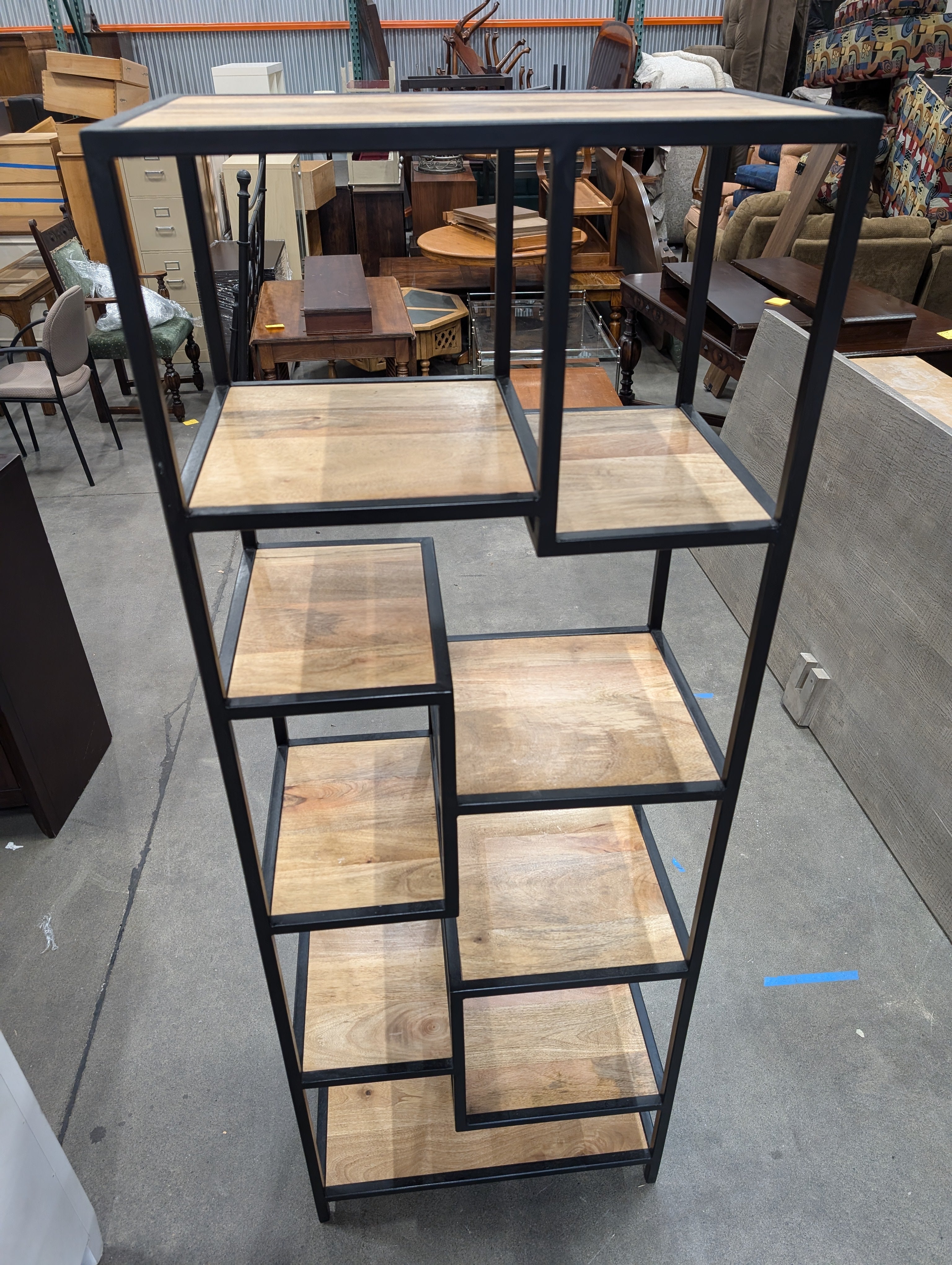 Industrial Style Black Metal and Wood Multi-Tiered Shelf