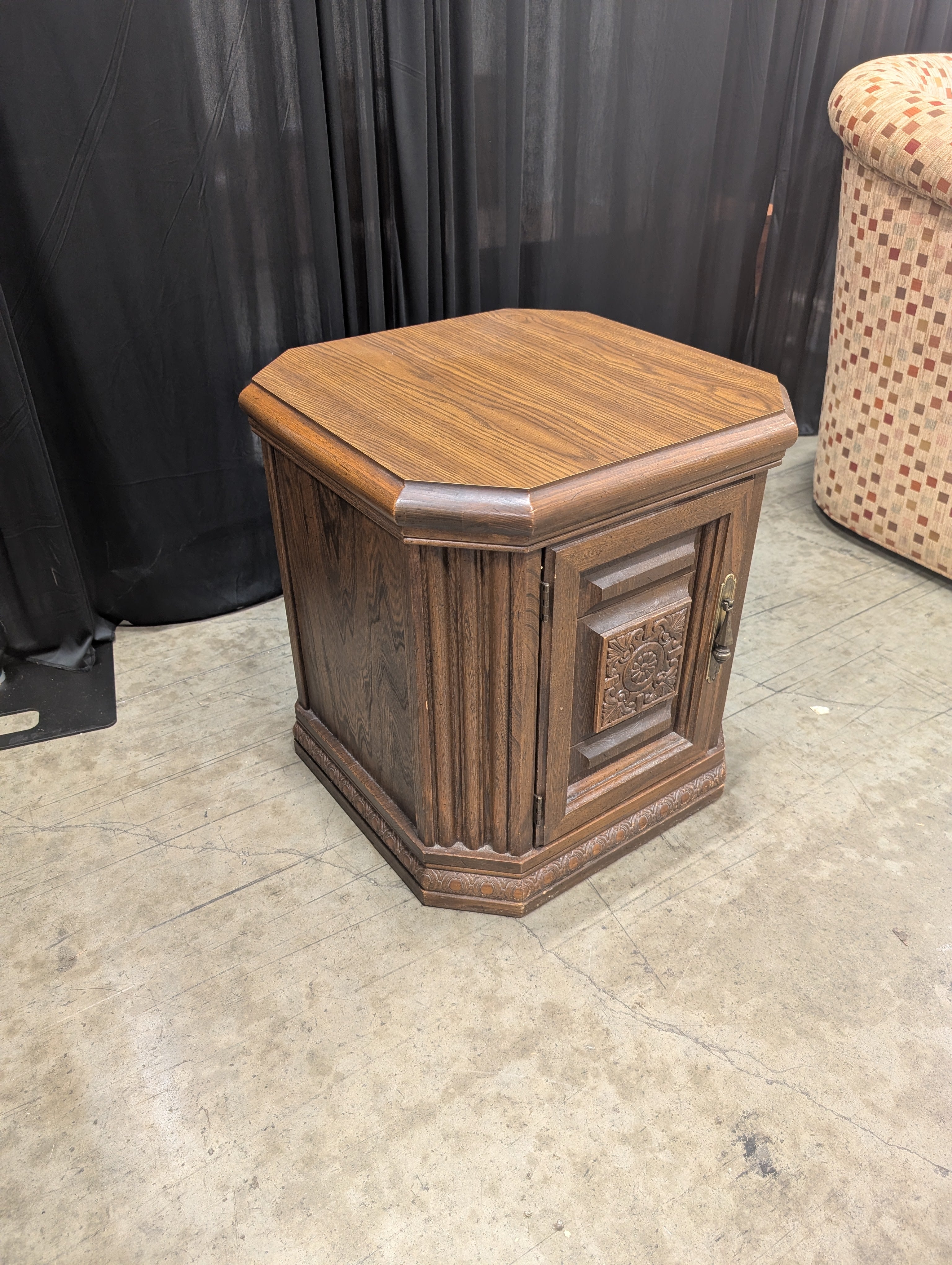 Vintage Hexagonal Wood End Table with Carved Door