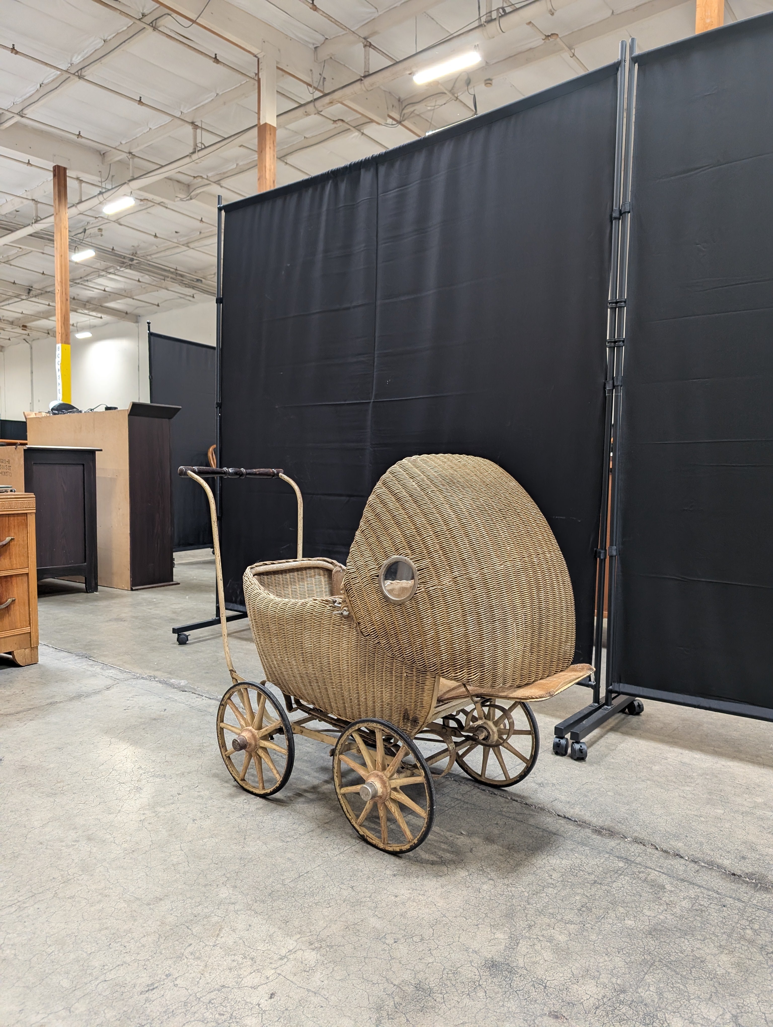 Vintage Lloyd Loom Baby Carriage with Glass Porthole Window