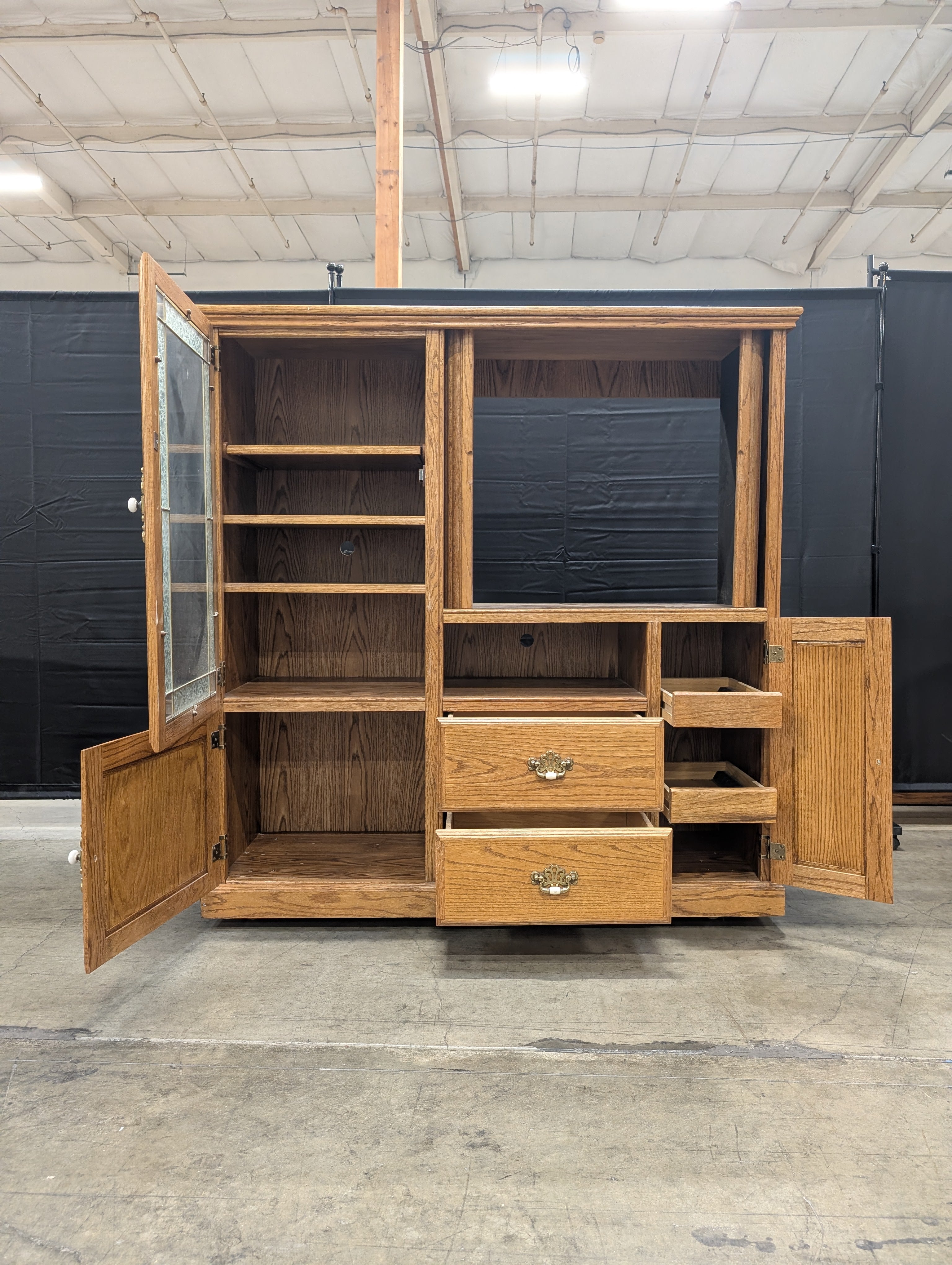 Sturdy Oak Wood Media Console Hutch with Glass Display