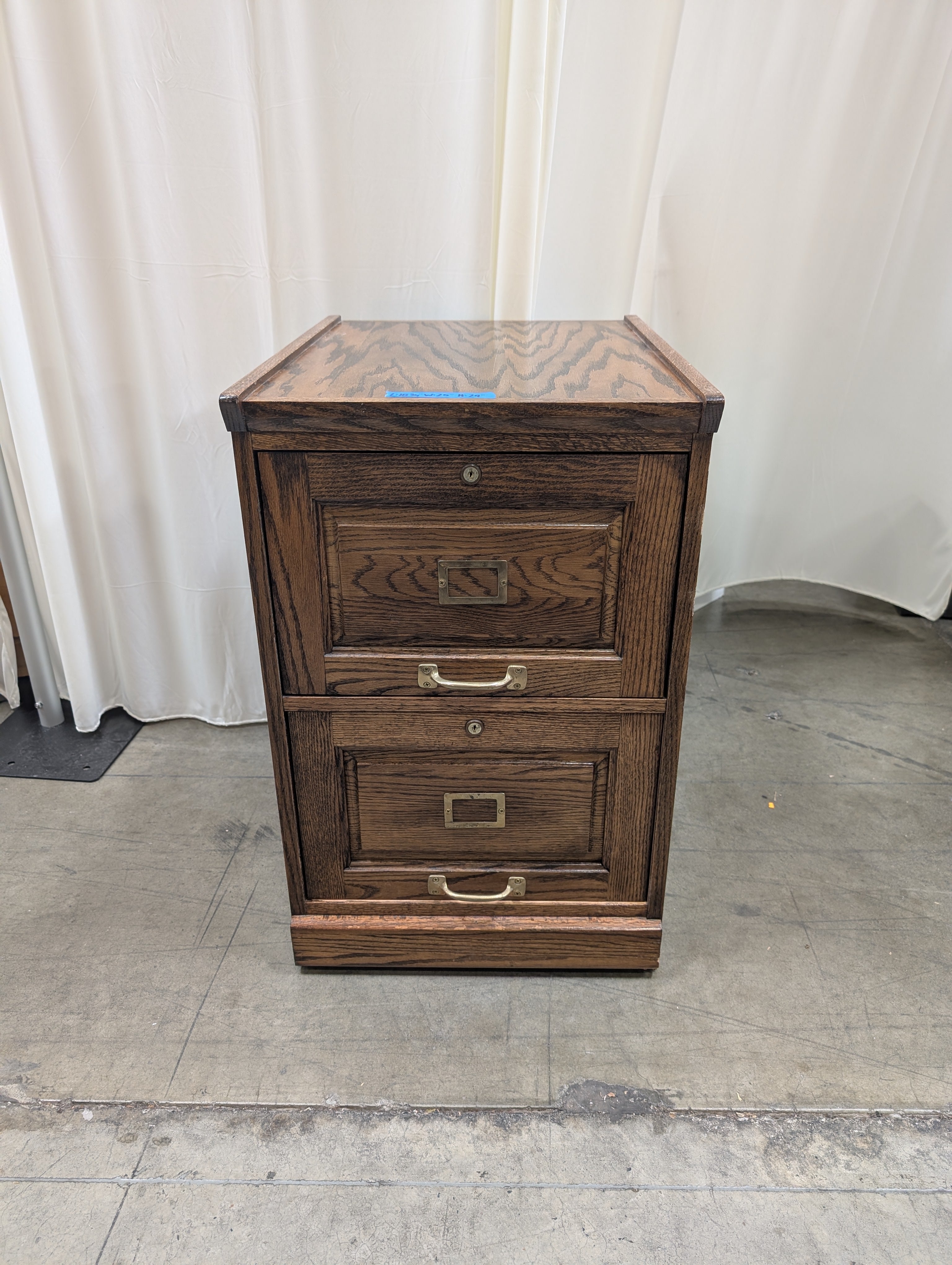 Dark Brown Wood Three-Drawer Filing Cabinet with Brass Hardware