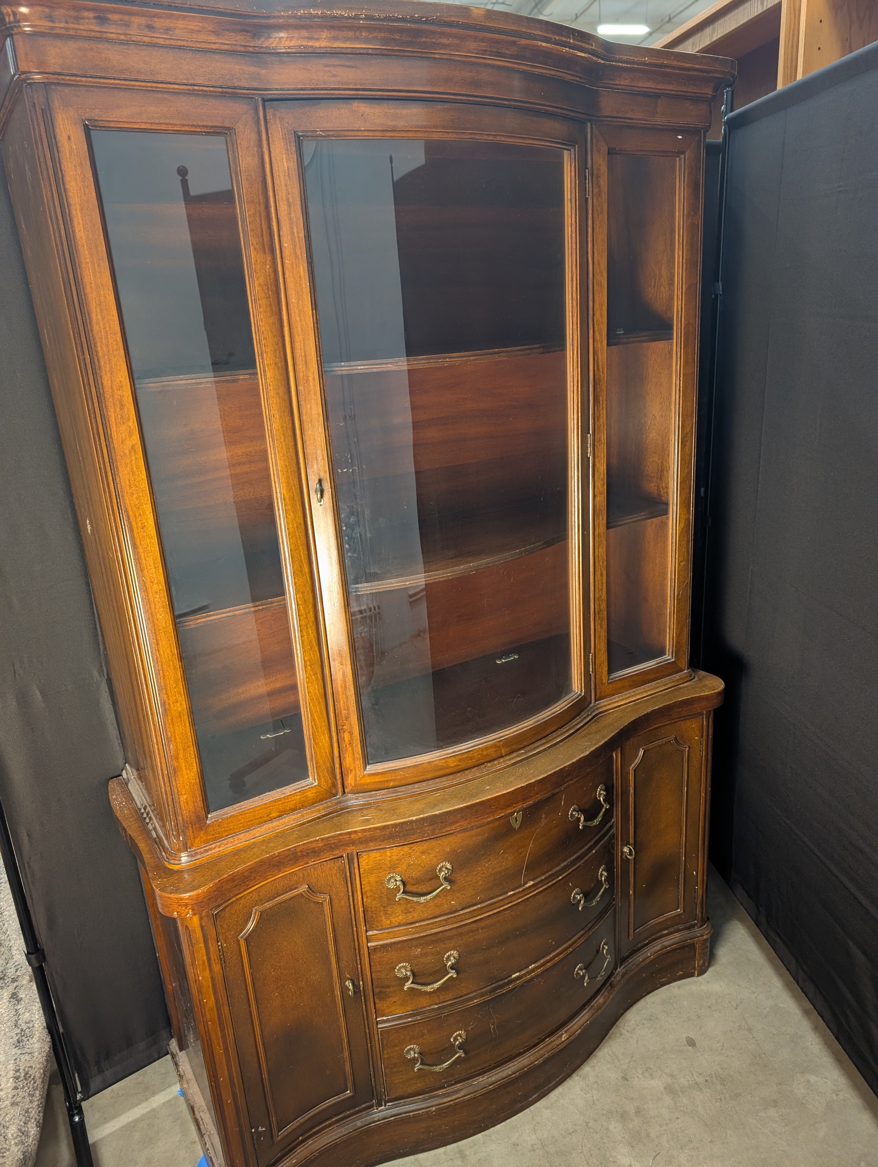 Curved Hardwood China Cabinet with Glass Doors