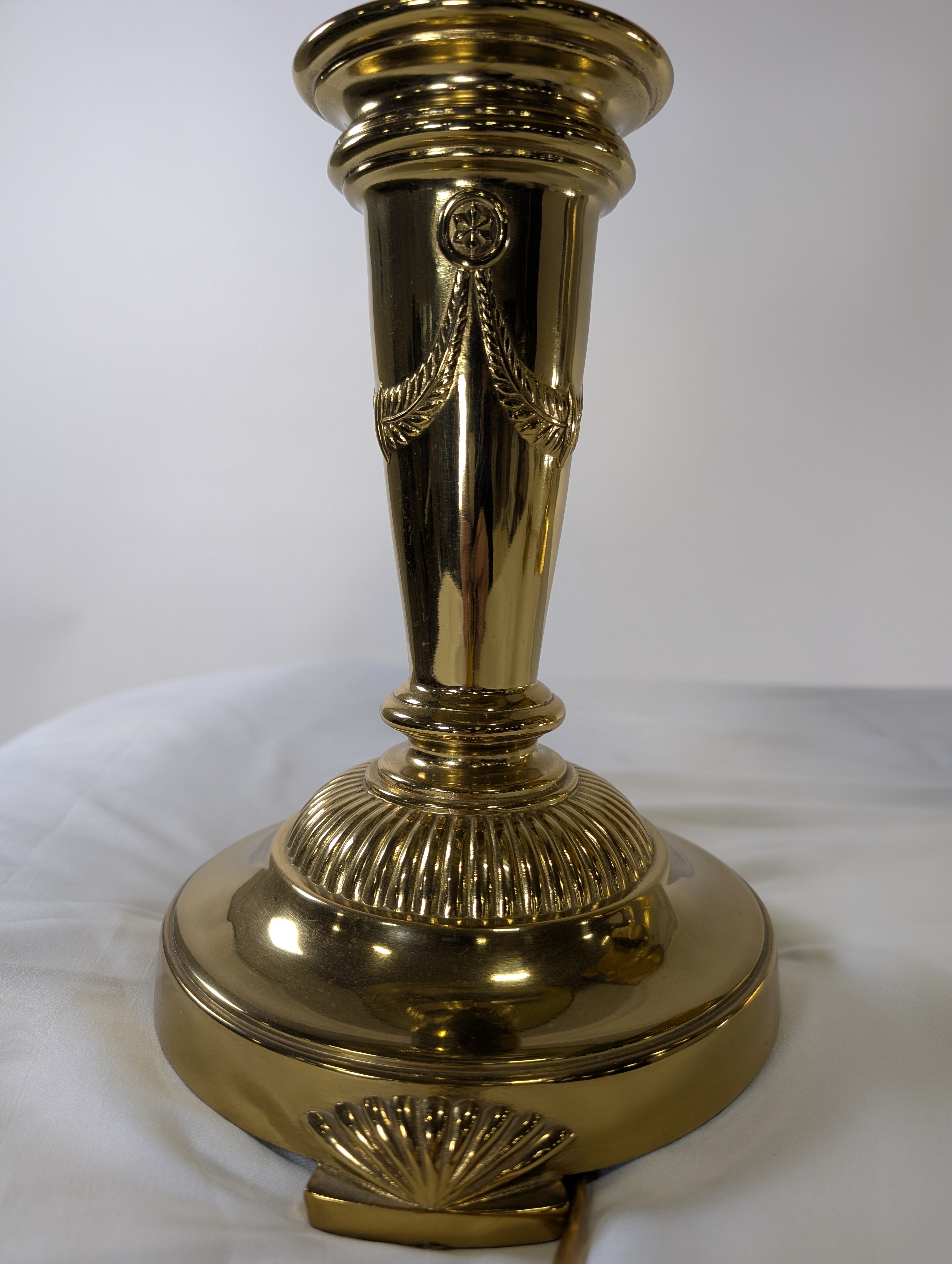 Traditional Ornate Brass Table Lamp with Fluted Details & Black Tapered Shade