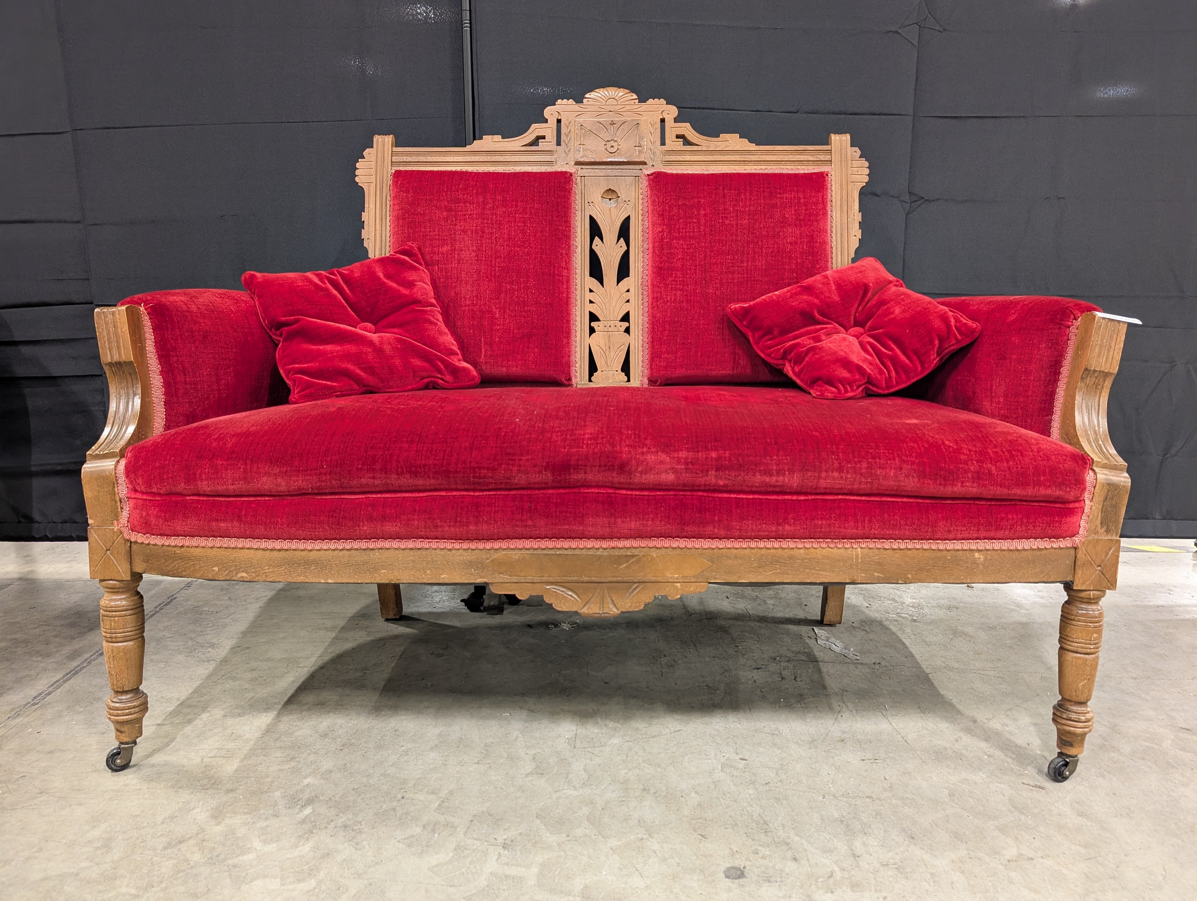 Vintage Carved Wood Red Velvet Loveseat Settee