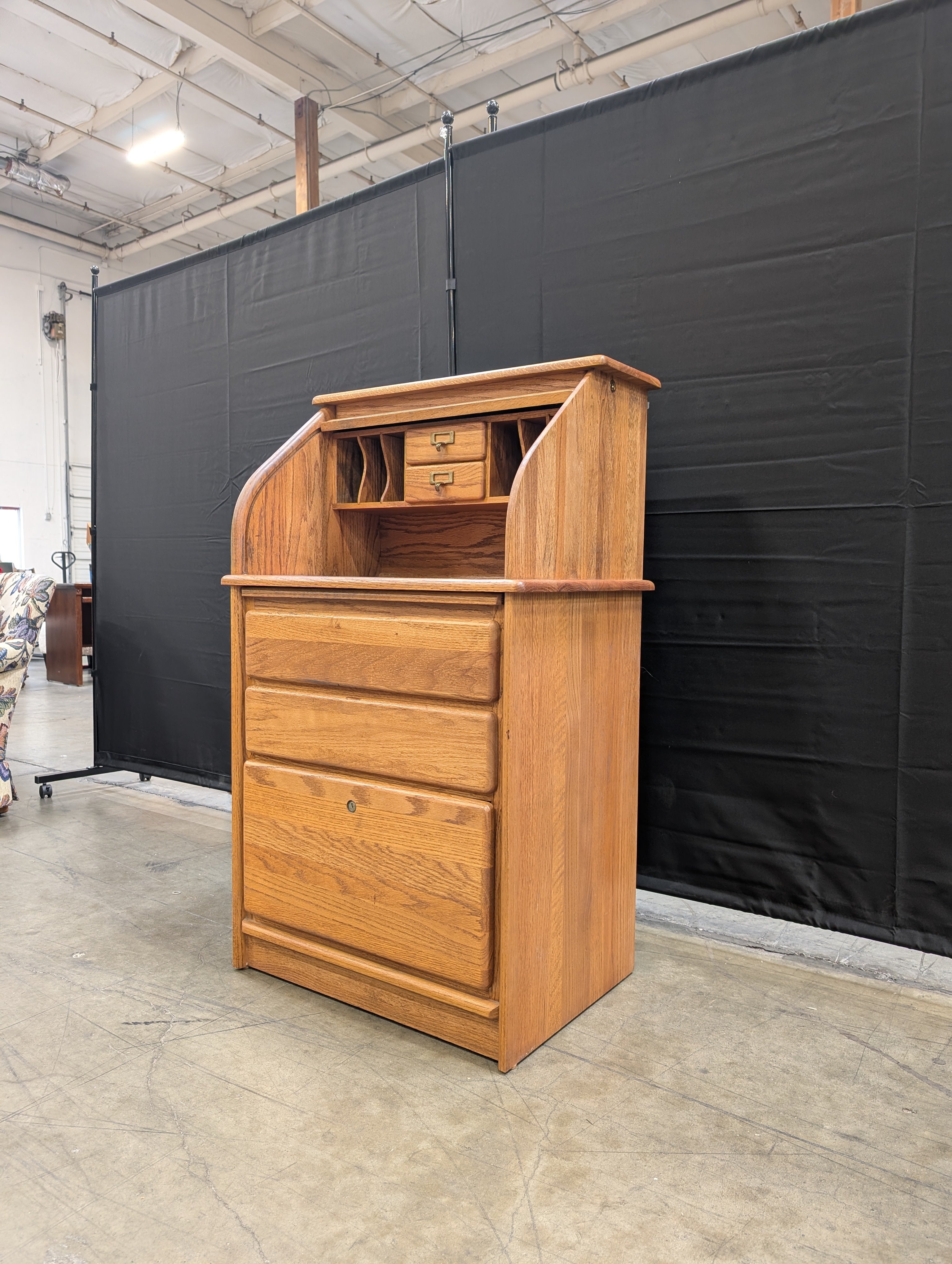 Solid Oak Roll Top Secretary Desk with Storage Drawers