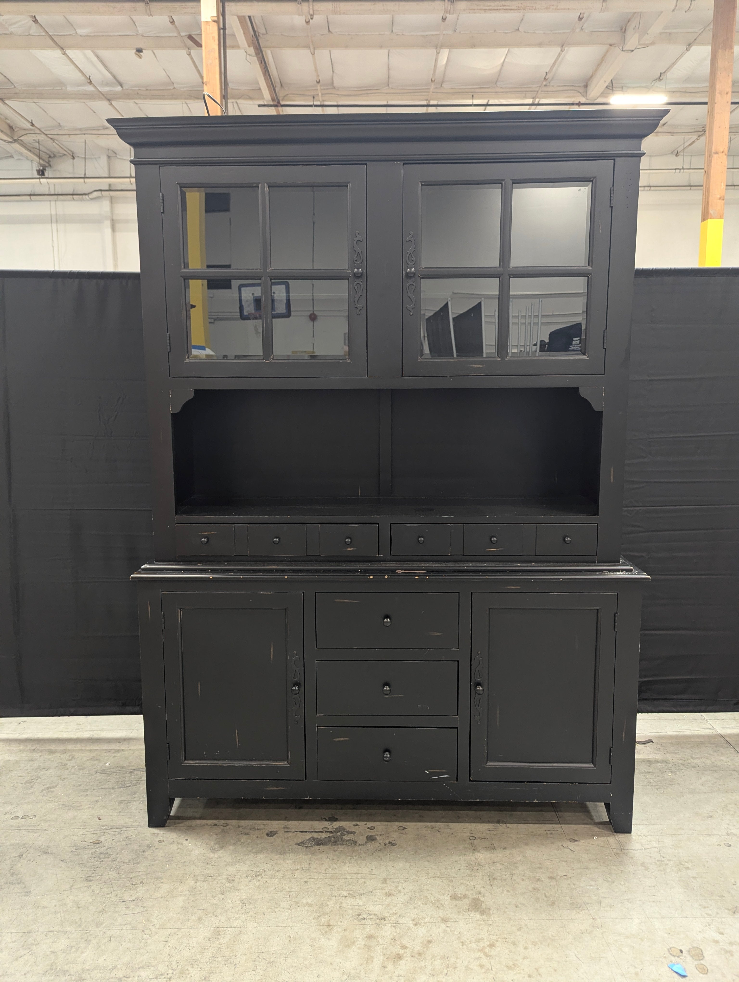 Large Black Farmhouse Display Hutch Cabinet