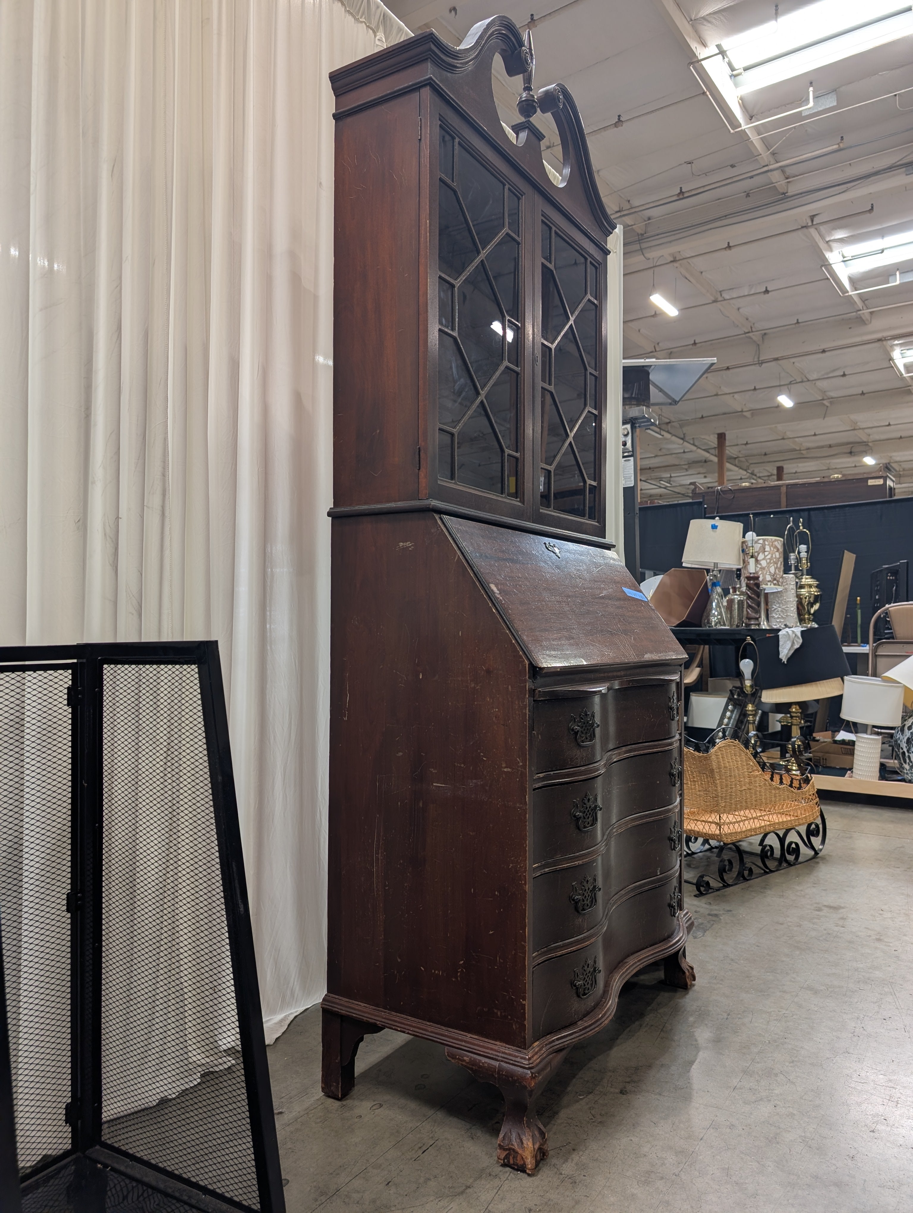 Vintage Mahogany Secretary Desk with Glass Hutch