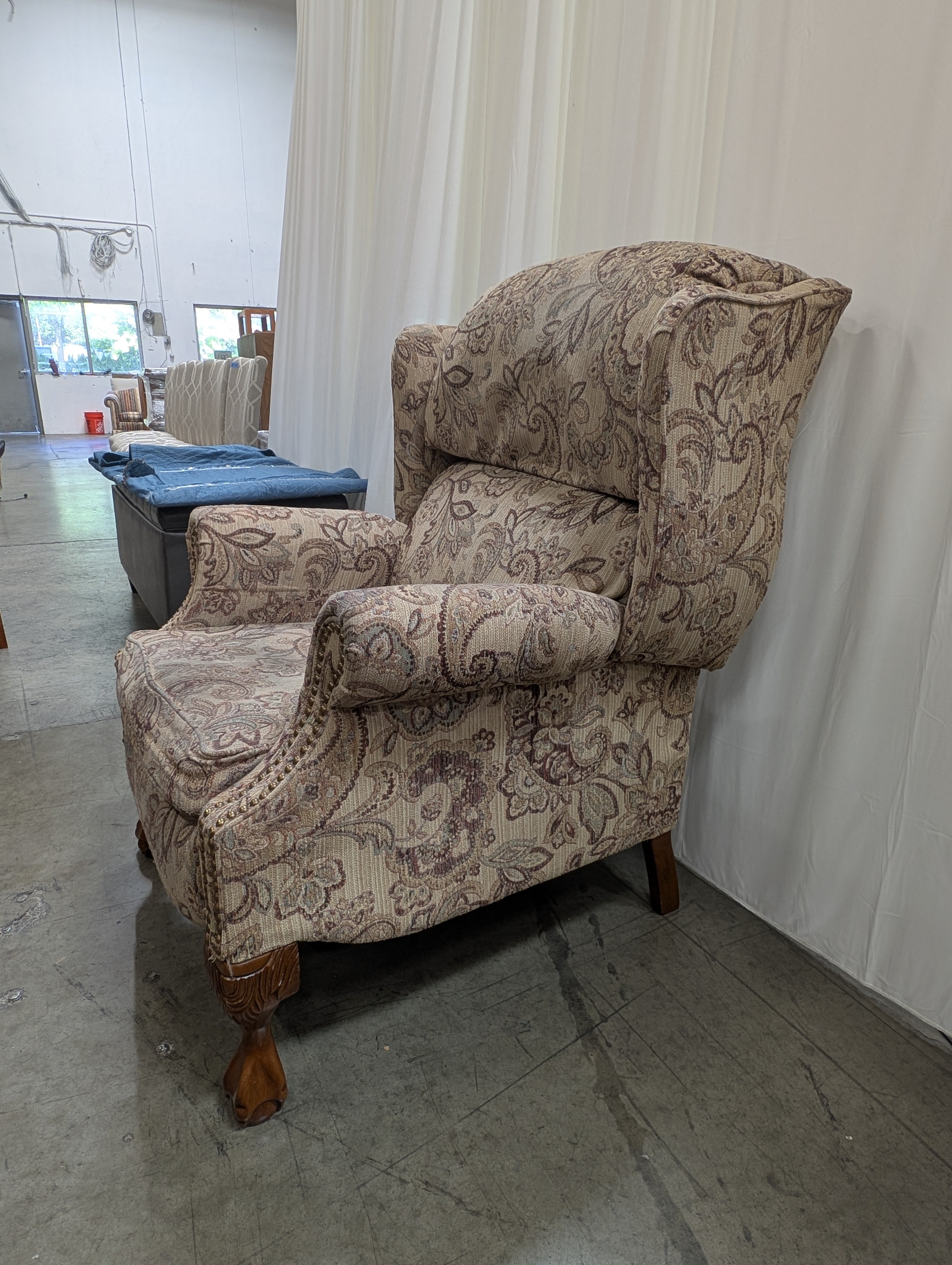 Paisley Fabric Wingback Recliner with Nailhead Trim