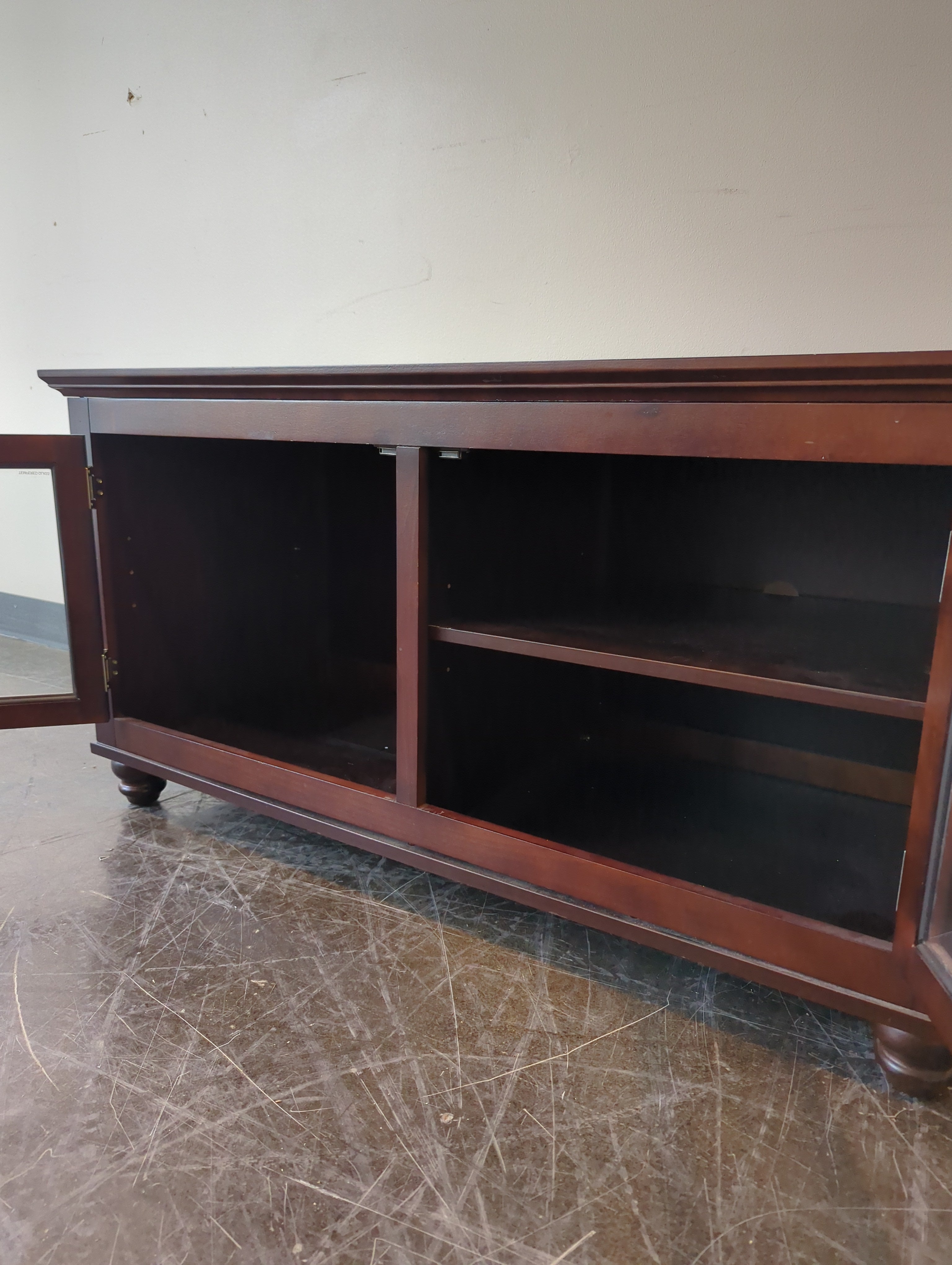 Reddish-Brown Wood Media Console with Glass Doors