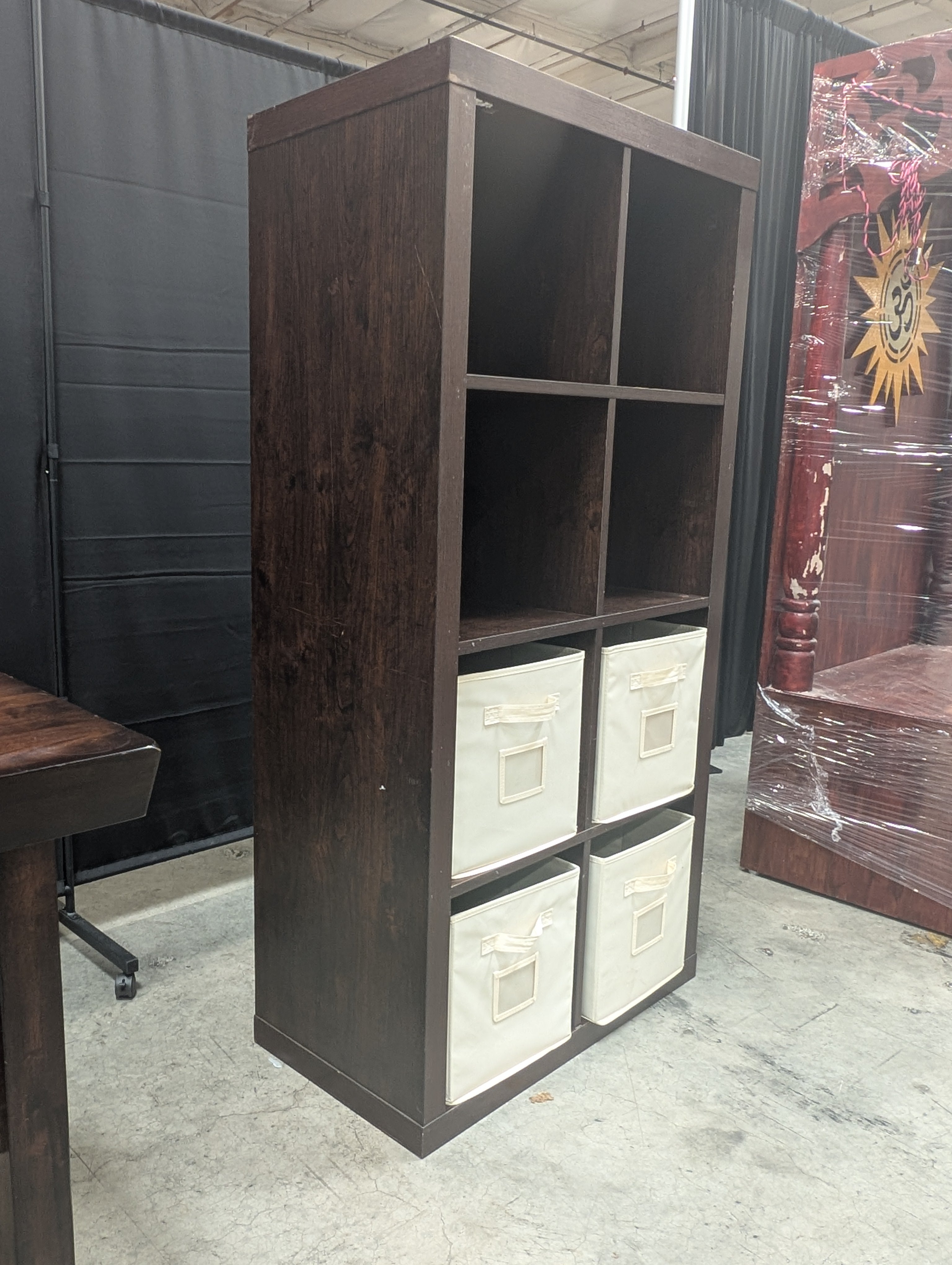 Dark Brown Cube Storage Bookcase with Four Fabric Bins