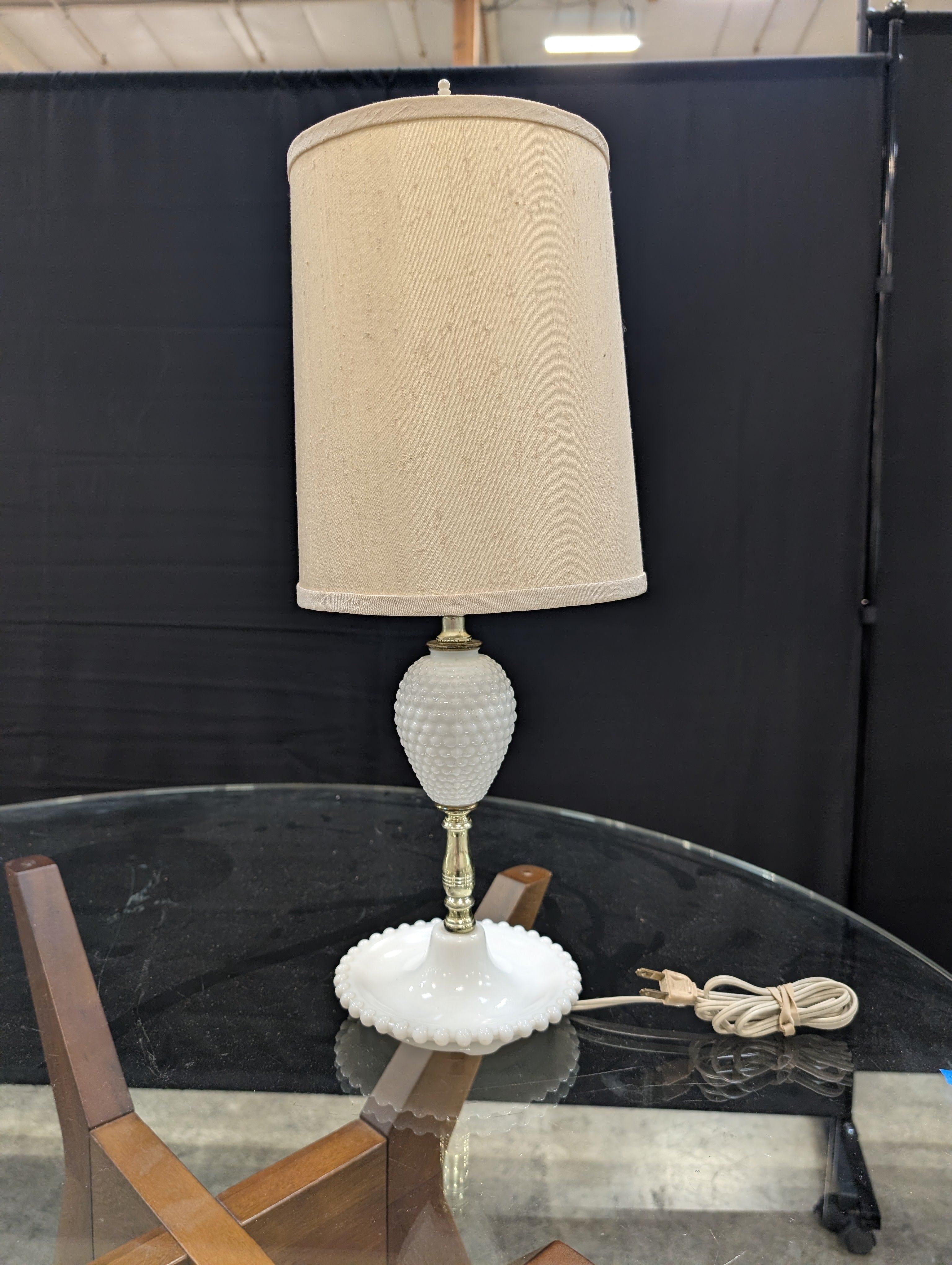 Vintage Style Hobnail Milk Glass Table Lamp with Fabric Shade