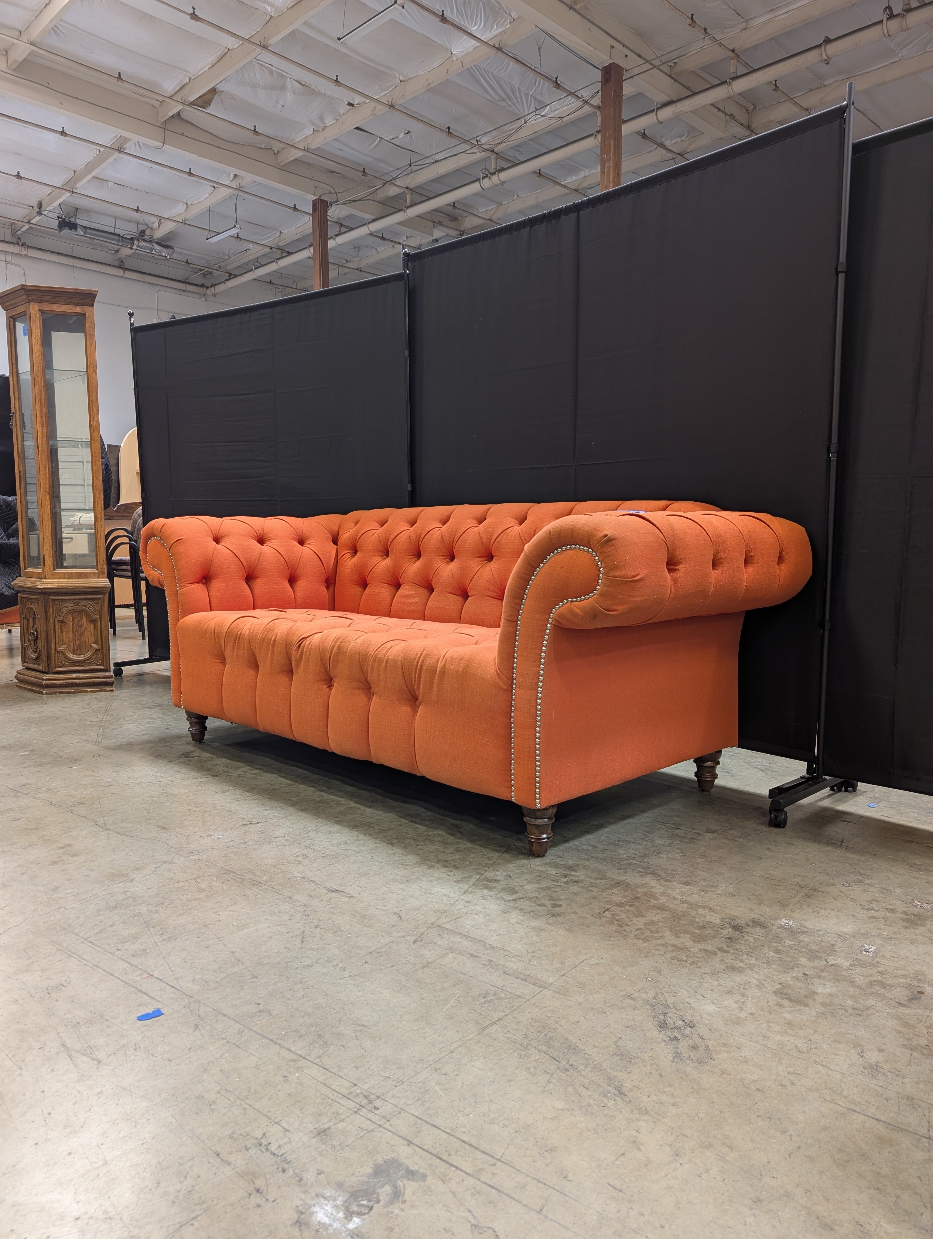Vibrant Orange Button-Tufted Chesterfield Style Settee