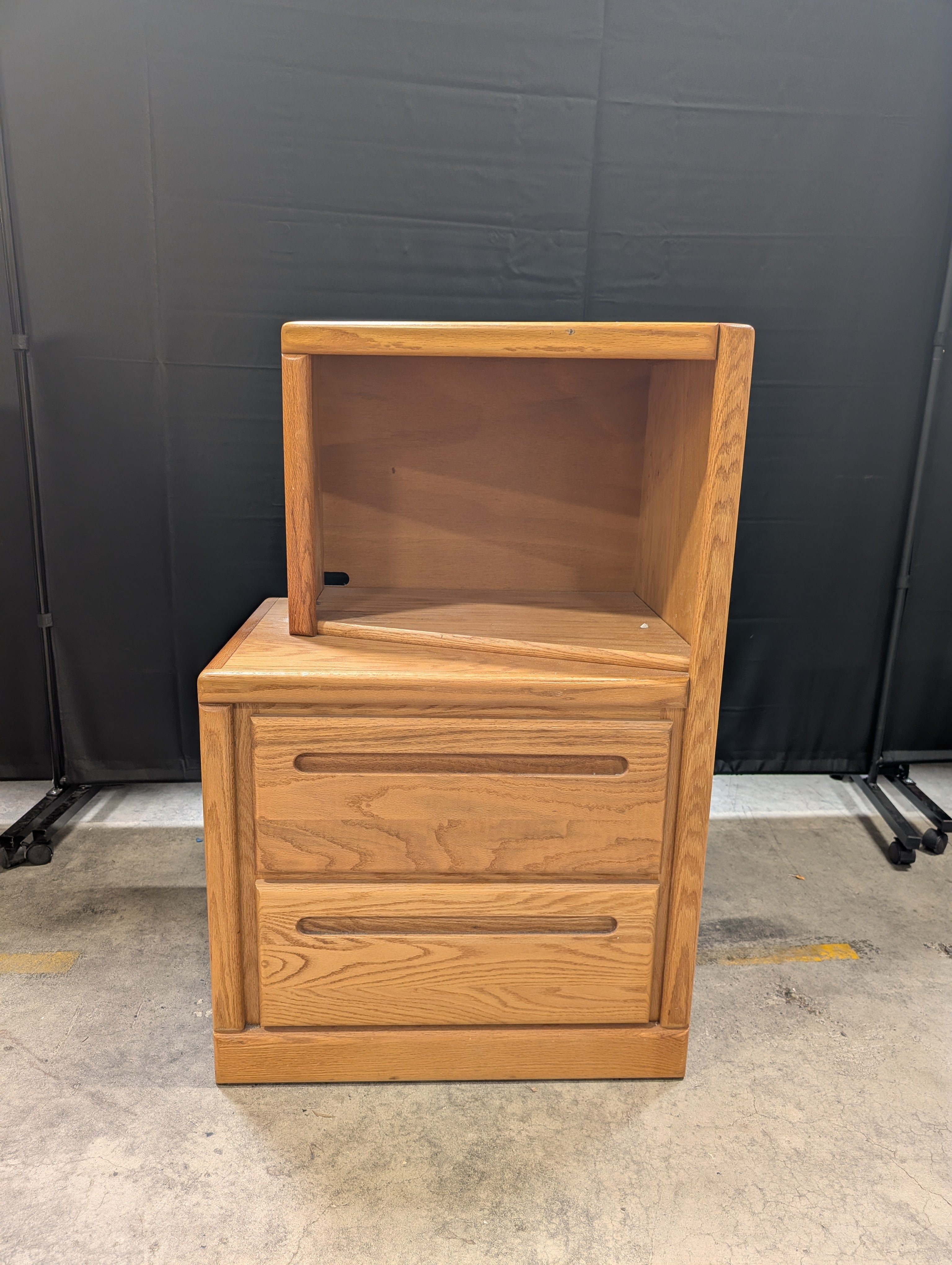 Honey Oak Two-Drawer Nightstand with Shelf
