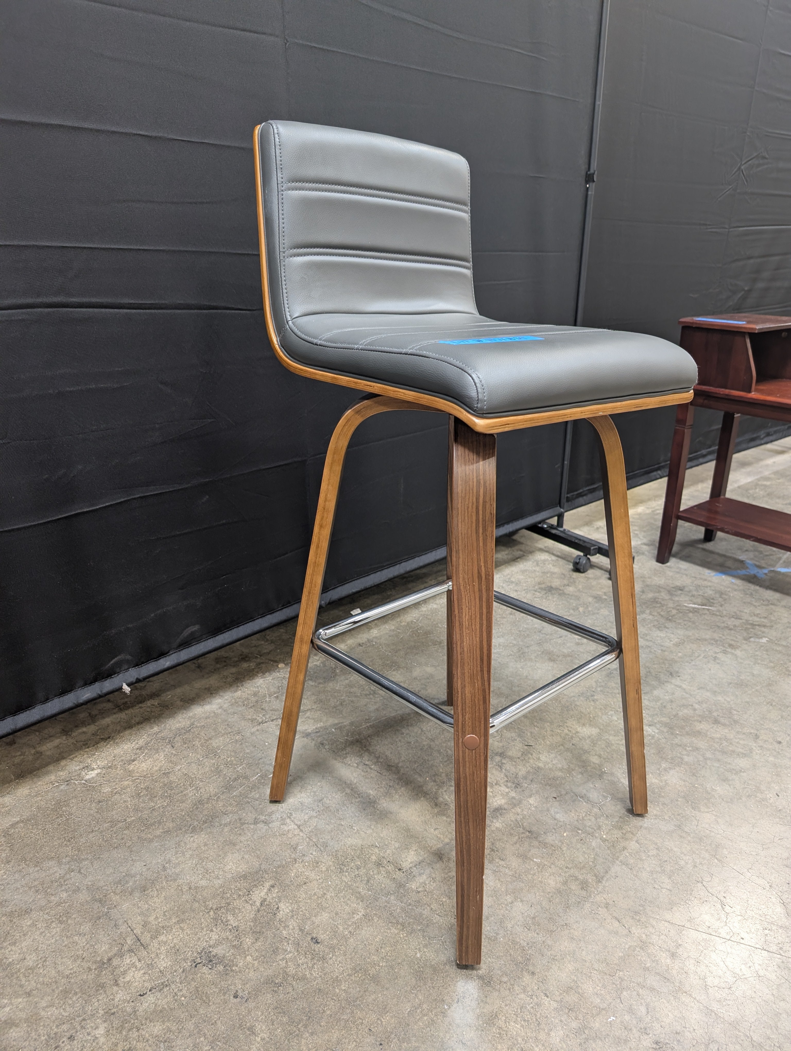 Grey Channel-Tufted Bar Stool in Walnut Wood