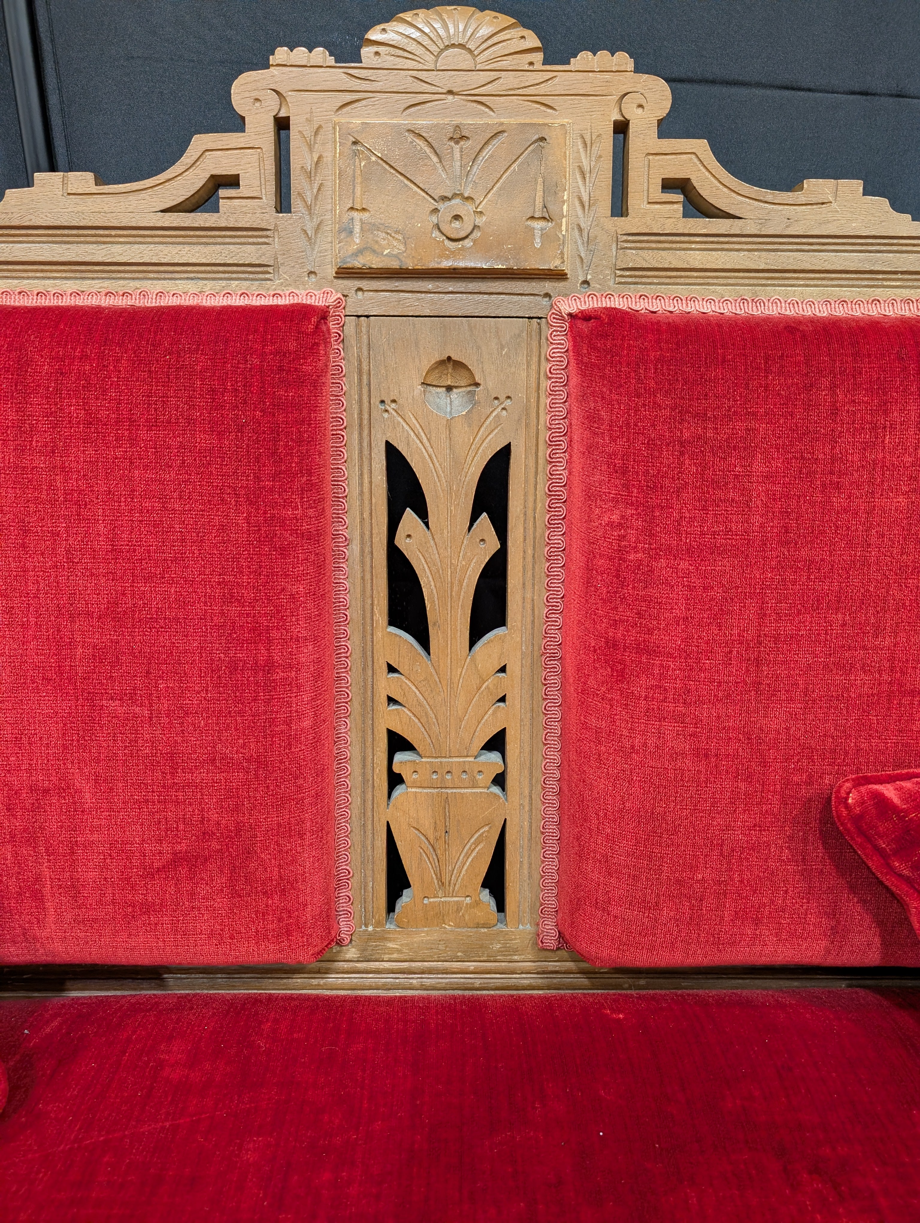 Vintage Carved Wood Red Velvet Loveseat Settee
