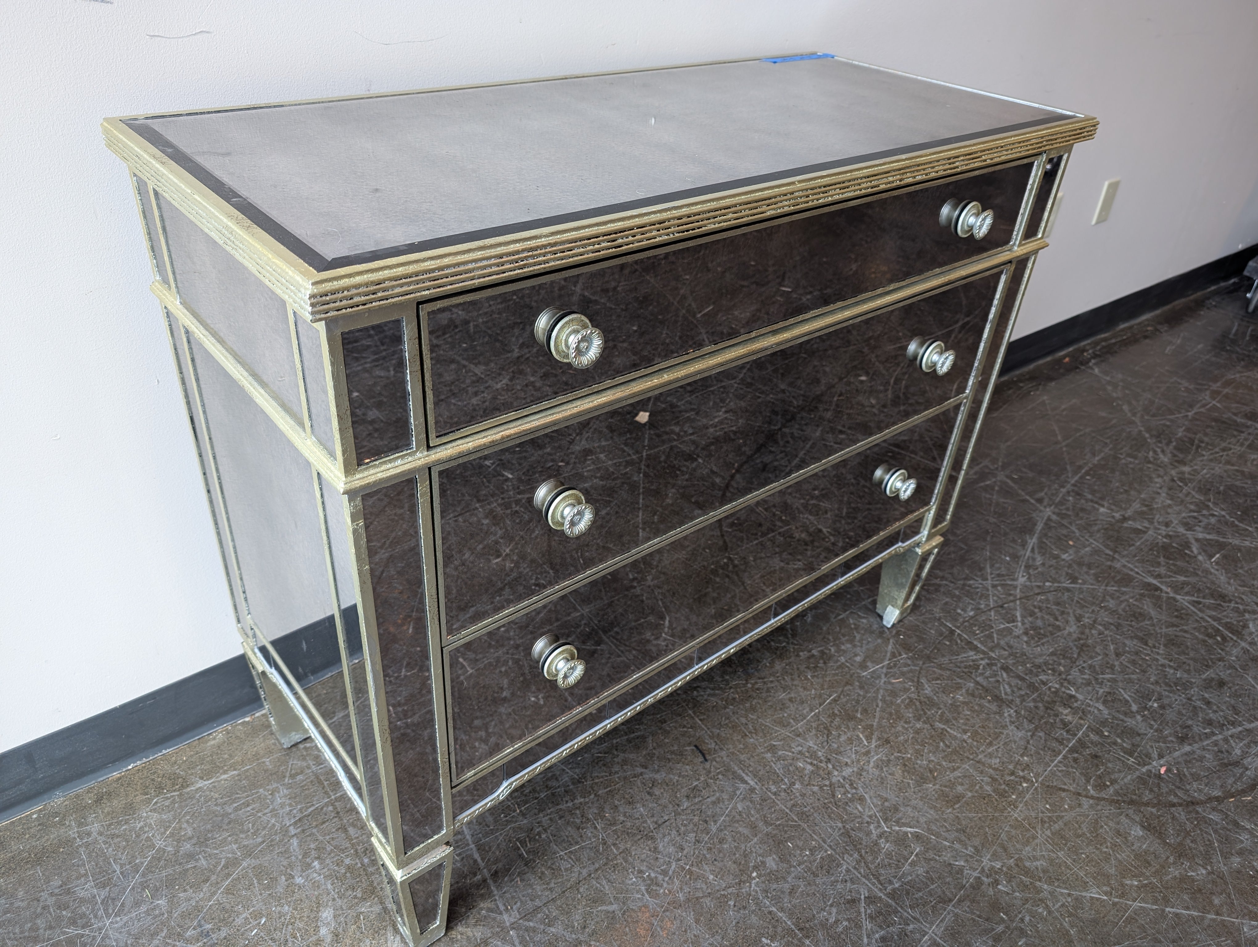 Glamorous Mirrored 3-Drawer Accent Chest with Gold Trim