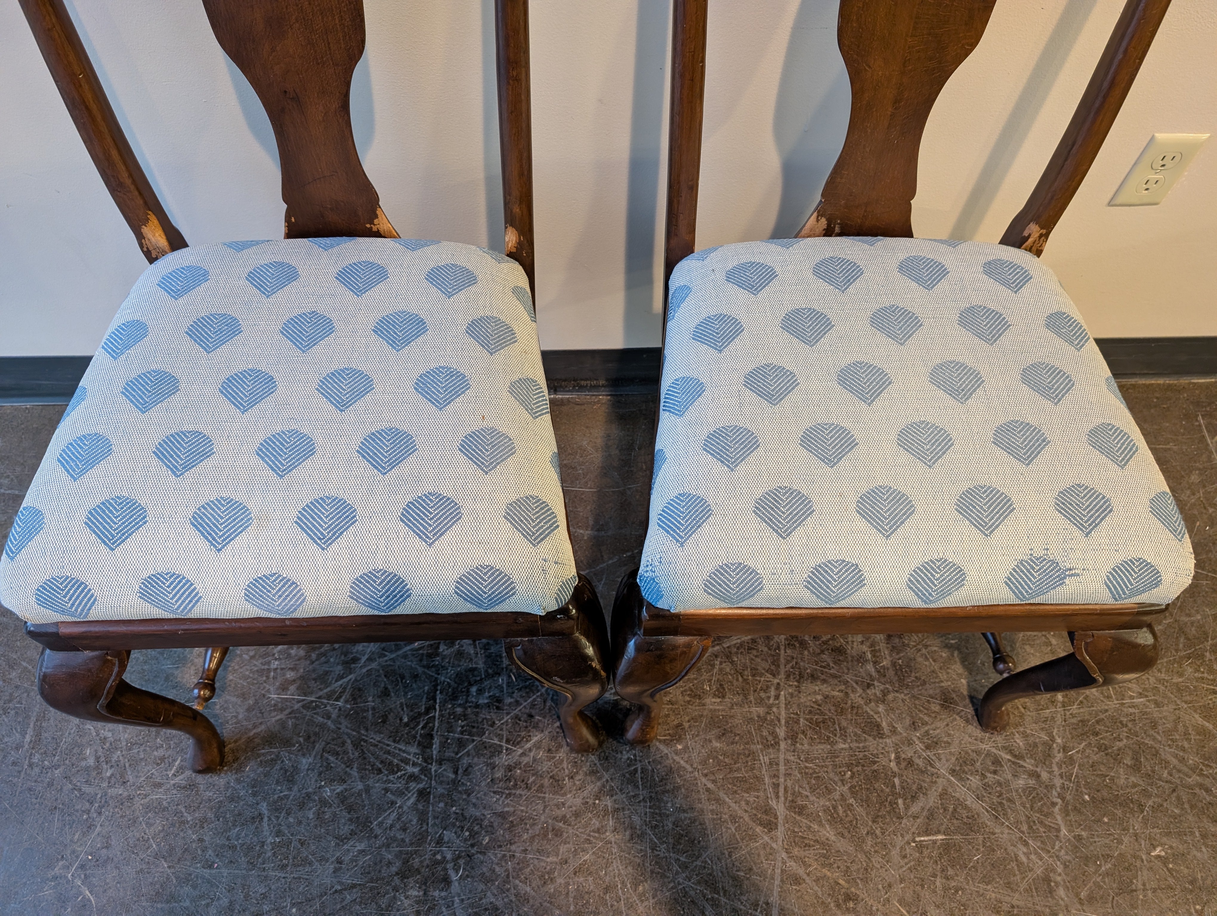 Pair of Traditional Dark Wood Dining Chairs with Upholstered Fan Pattern Seats