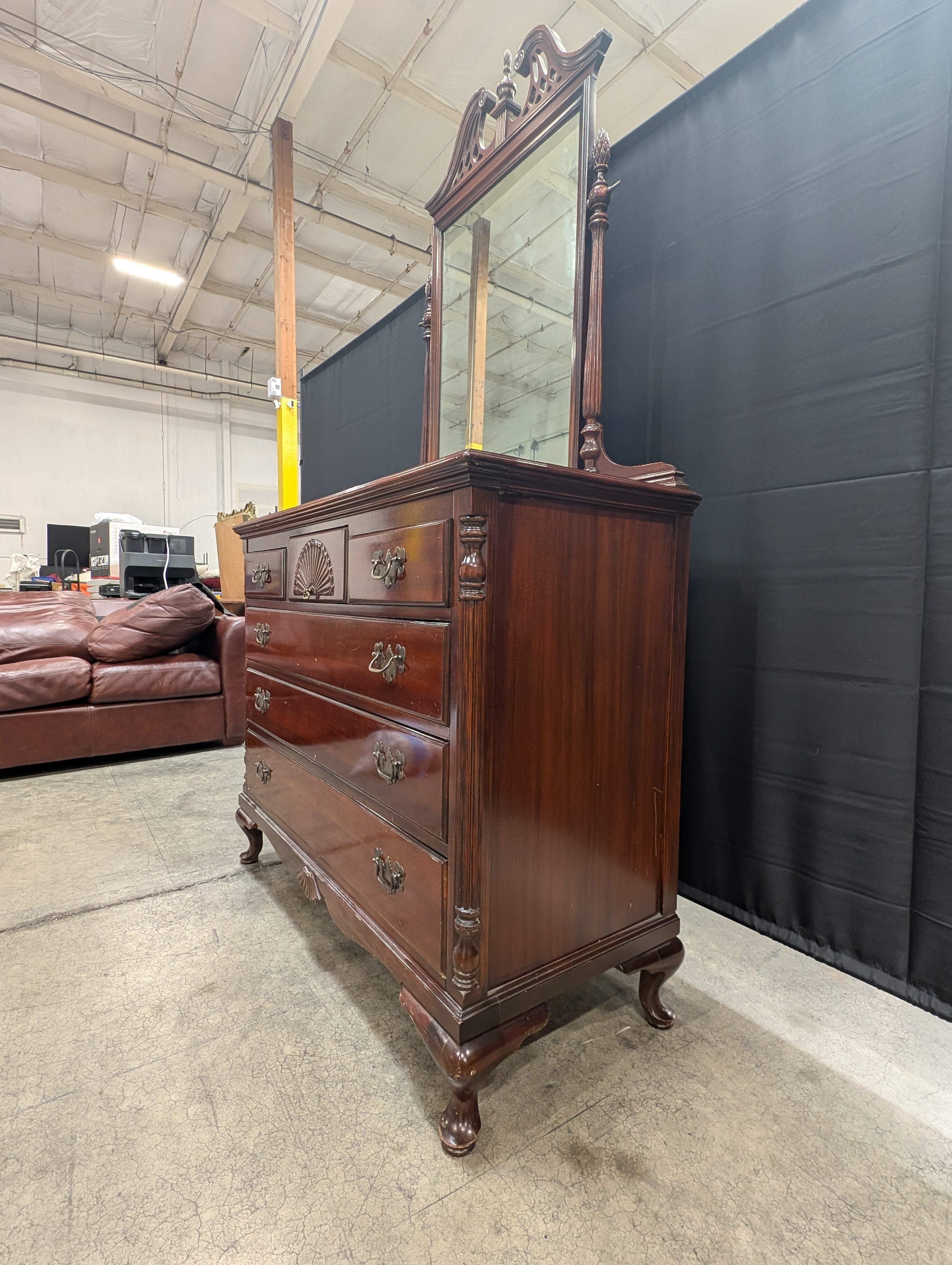 Traditional Carved Wood Dresser with Attached Mirror